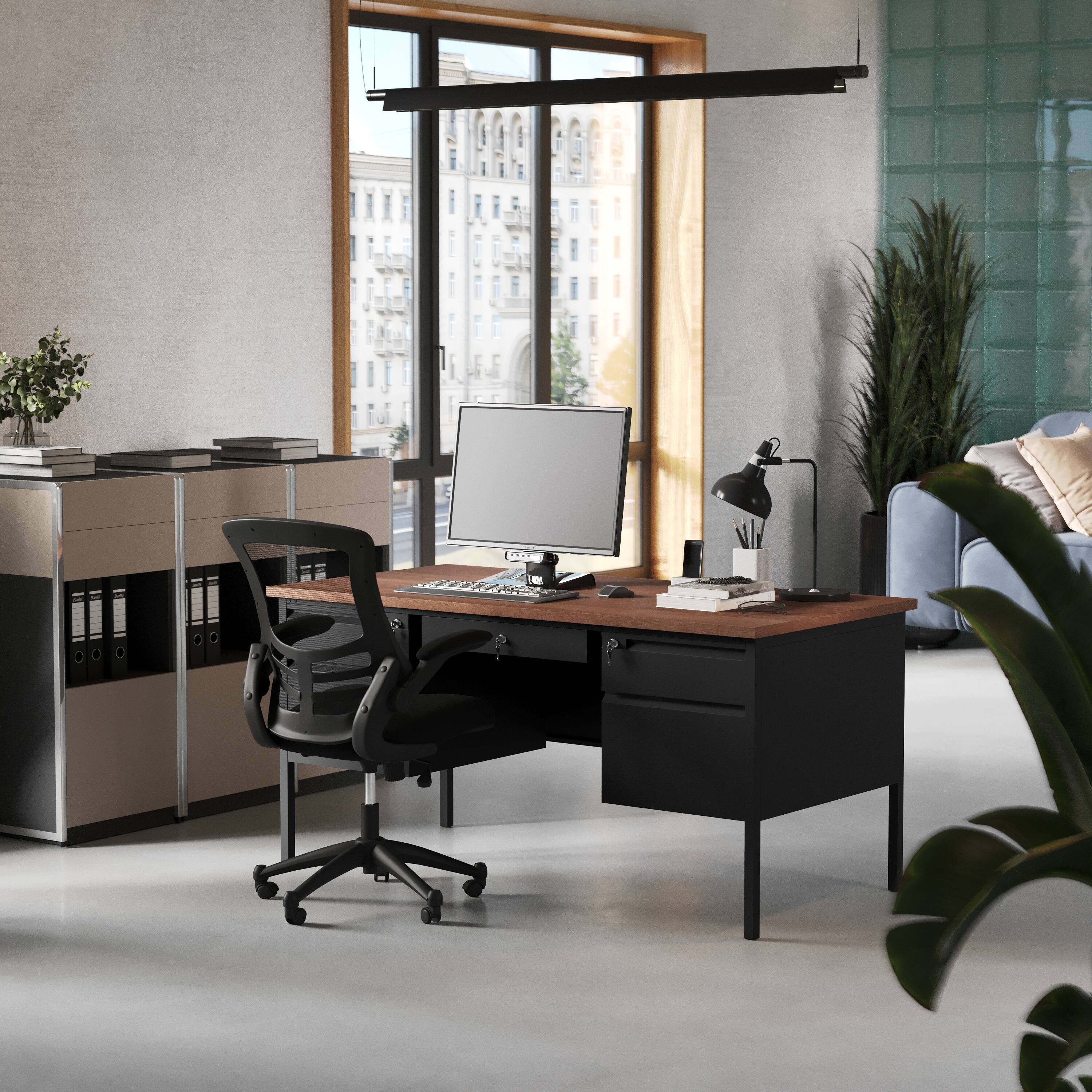 Alt View 2. Flash Furniture - Cambridge Commercial Grade 30x60 Double Pedestal Desk with 5 Locking Drawers, Walnut Top and Black Frame - Brown.