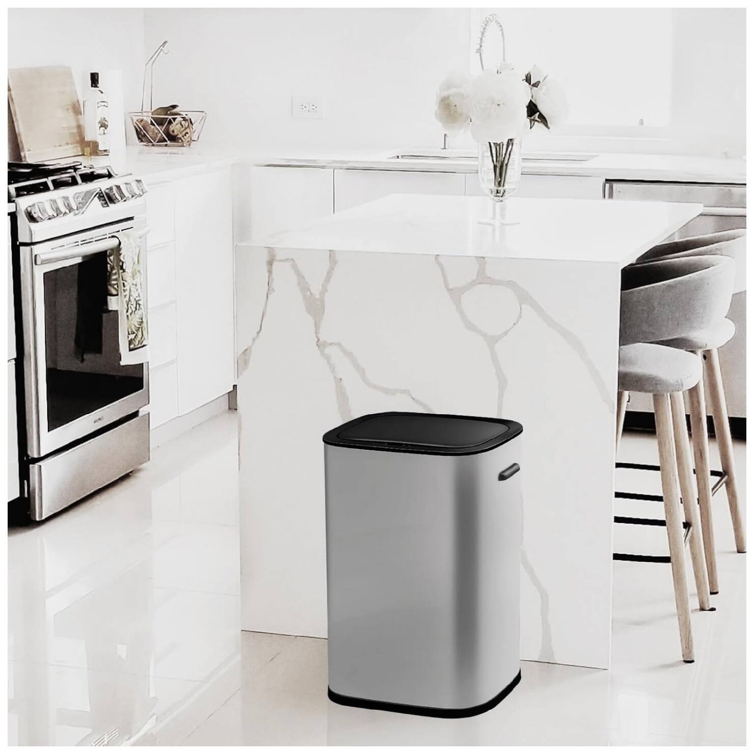 Back. GARVEE - 55 L Automatic Garbage Can, Motion Sensor Trash Can with Soft-Close Lid and Handle,Removable Inner Bucket - Grey.
