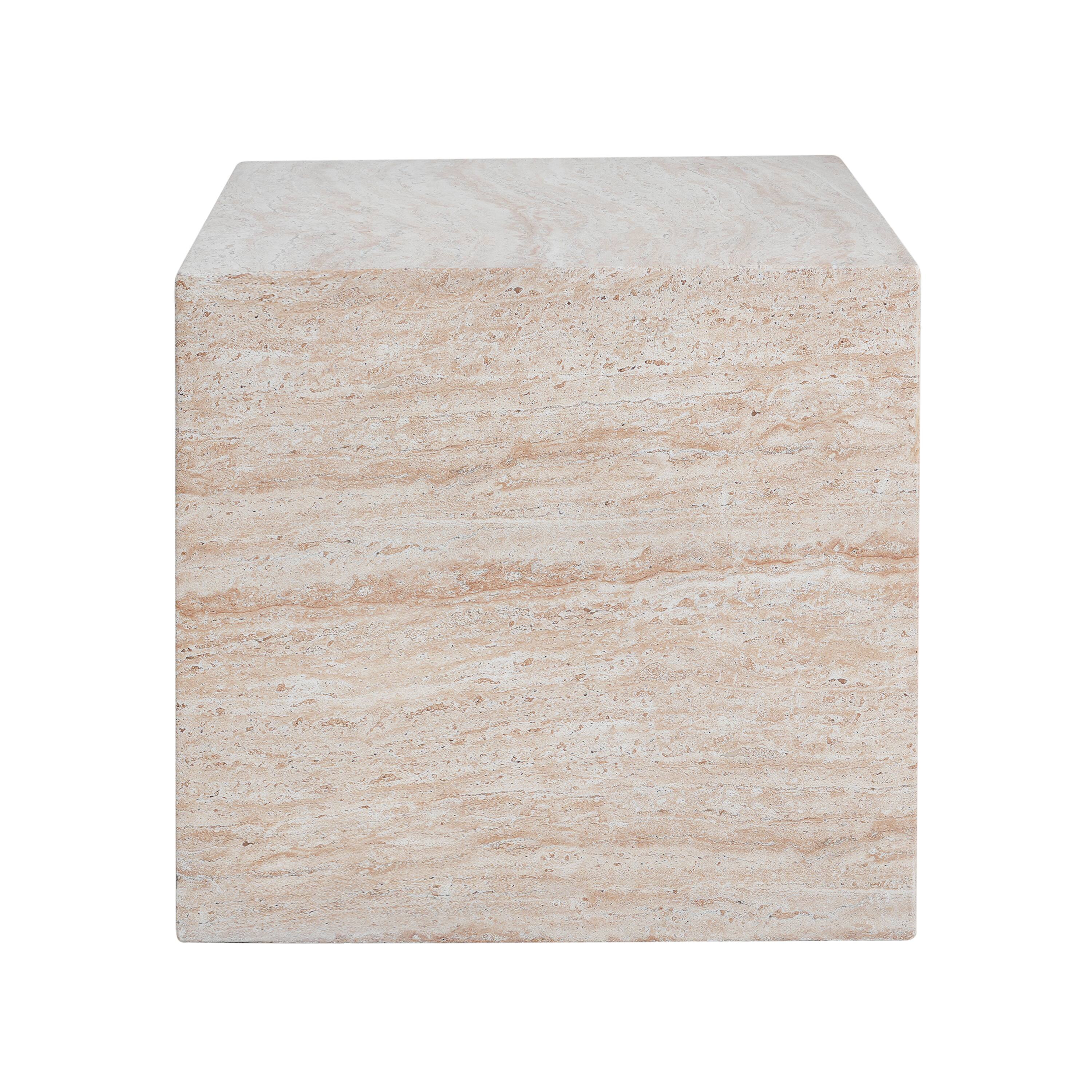 Back. Whisen - Outdoor Square Travertine Lightweight Concrete Side Table for Patio and Backyard - Beige.