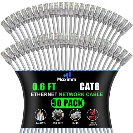 Maximm 0.6 FT CAT6 Ethernet Network Cable 50 Pack RoHS Compliant 24 AWG 550 MHz RJ45 RoHS Verified