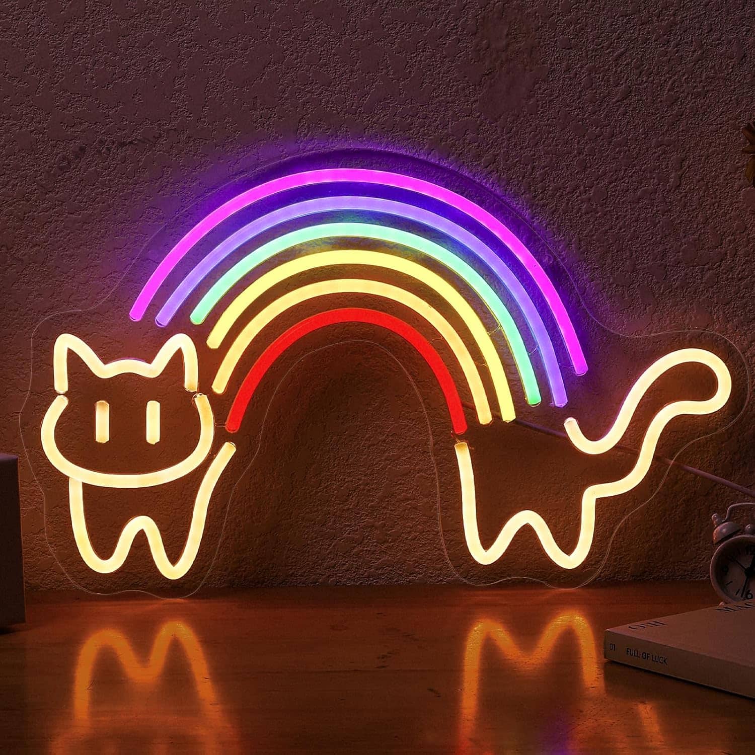 Auledio - Rainbow Cat Neon Sign Cute Cat Neon Signs for Wall Decor Rainbow Neon Light Sign USB Powered Neon Light - Multicolor