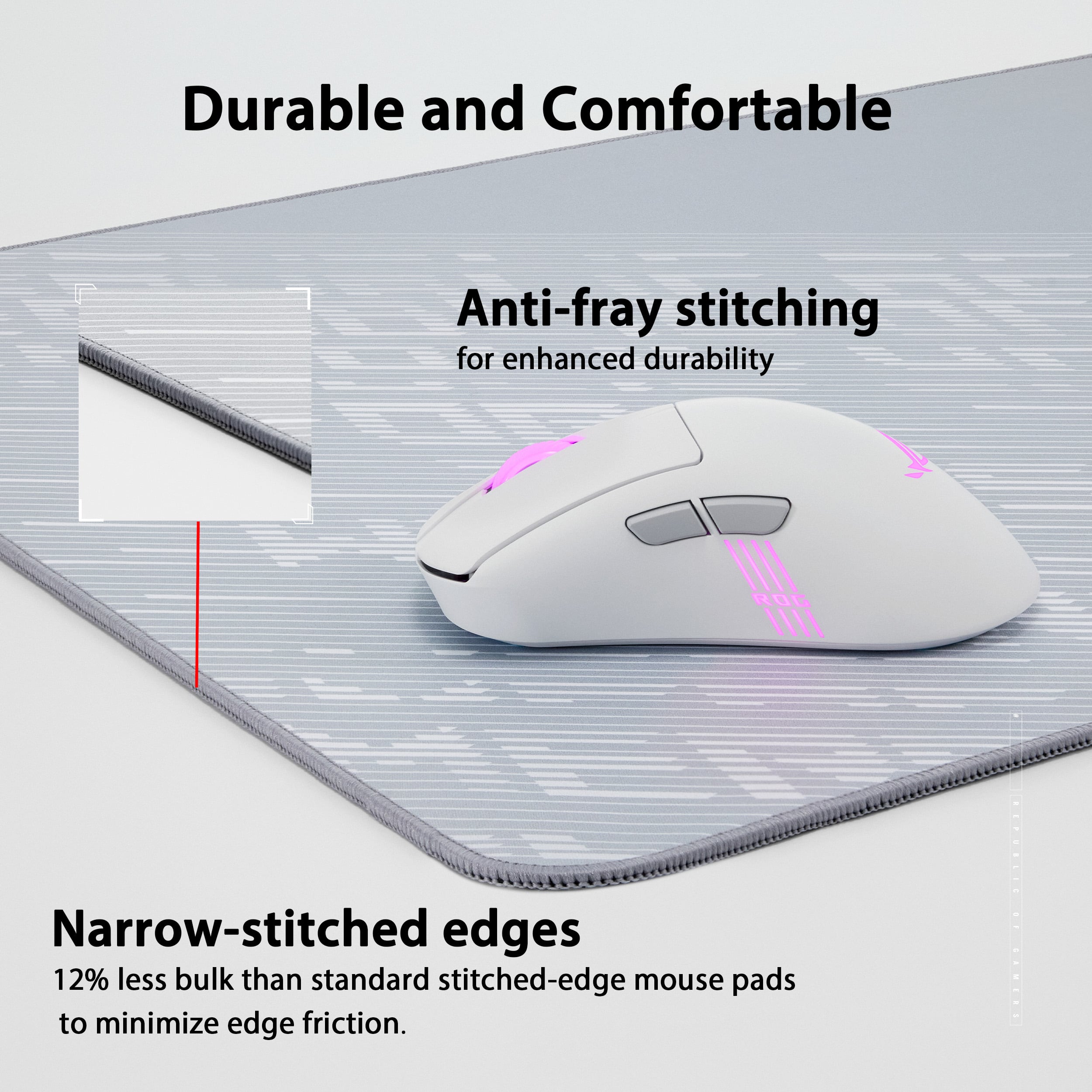 Durable and Comfortable Anti-fray stitching for enhanced durability. Narrow-stitched edges 12% less bulk than standard stitched-edge mouse pads to minimize edge friction.