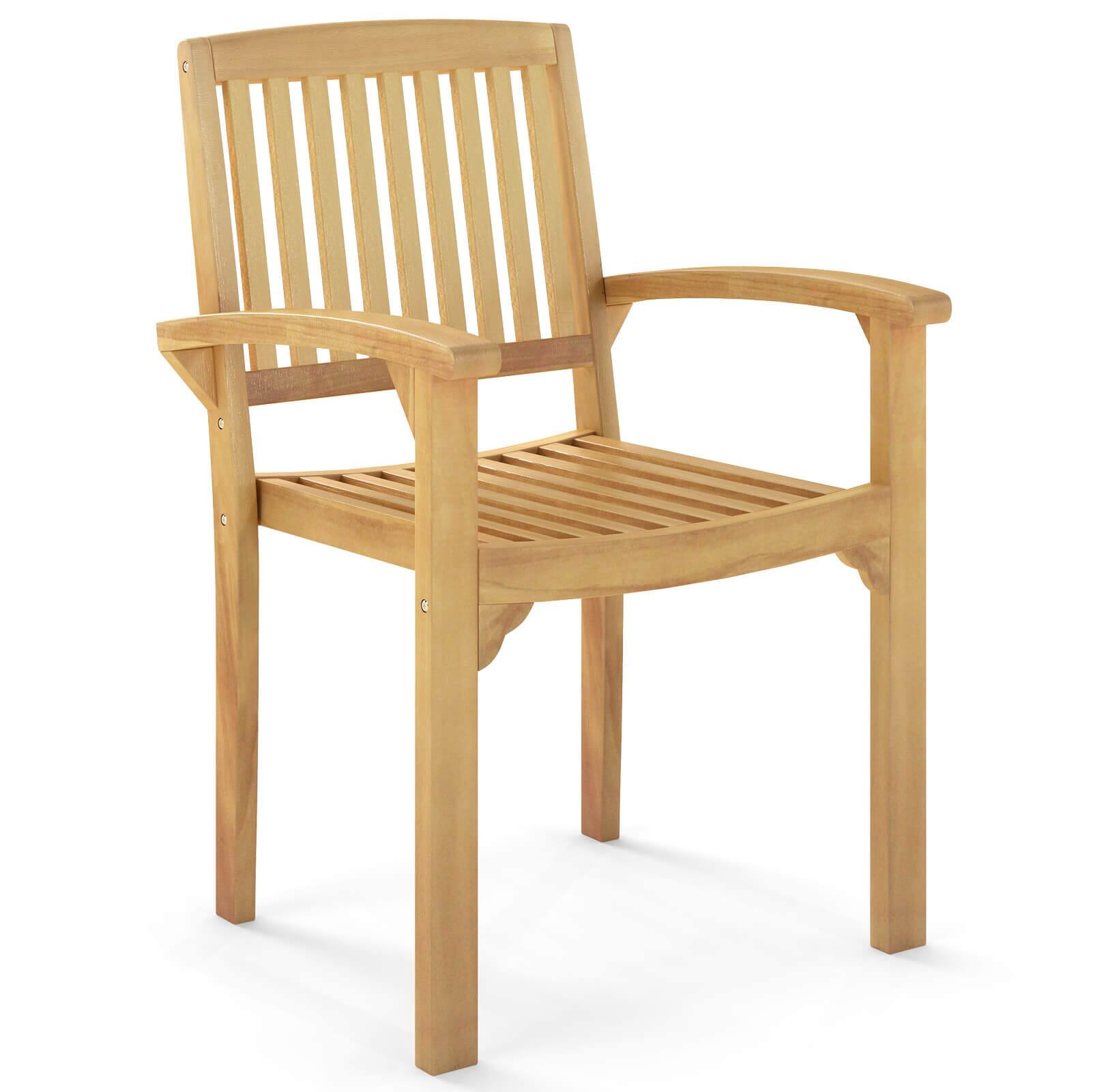 Costway - 1 PCS Outdoor Patio Chair Teak Wood Armchair with Slatted Seat & Curved Seat - Natural