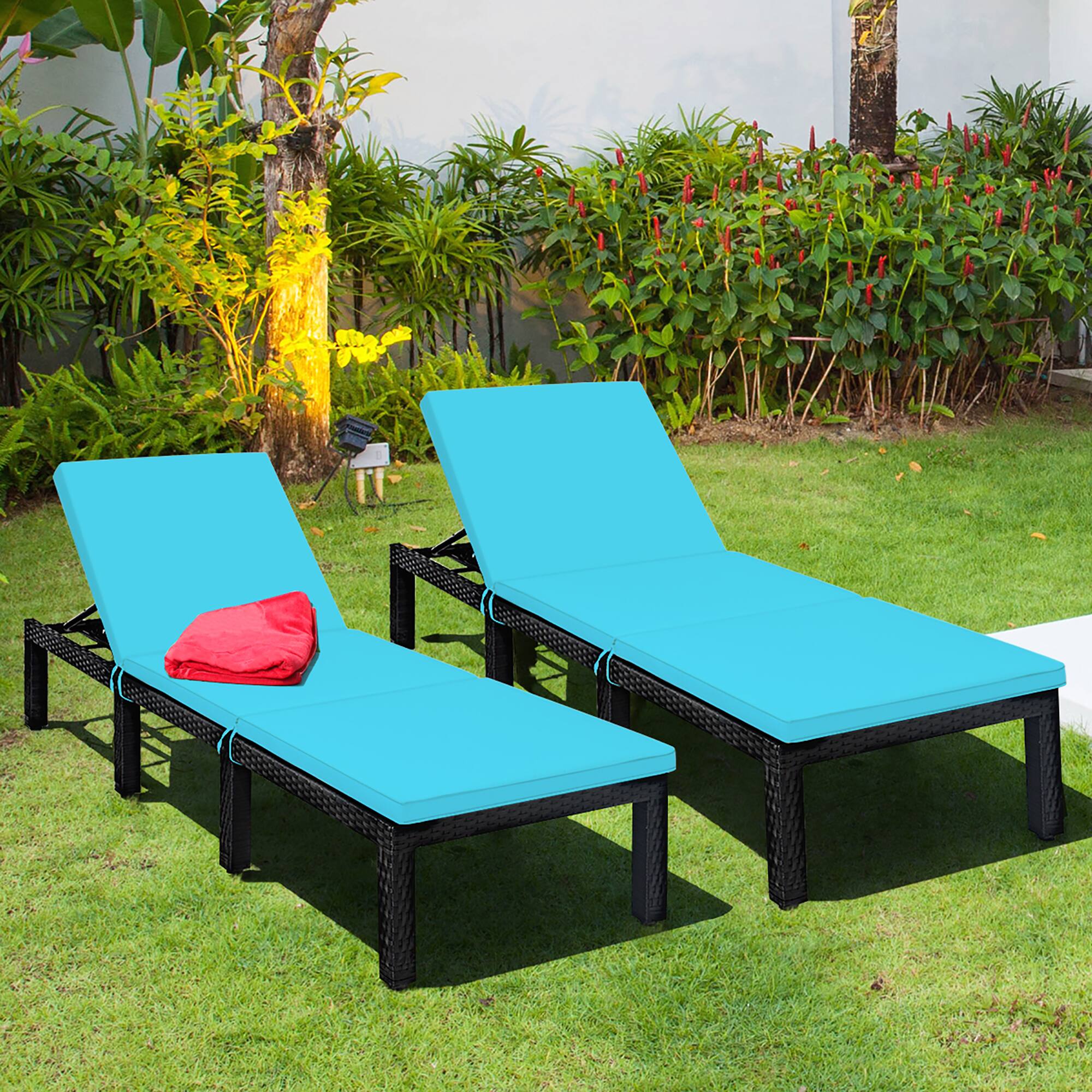 Alt View 1. Costway - 2PCS Patio Garden Rattan Lounge Chair Chaise Couch Cushioned Height Adjustable - Turquoise.
