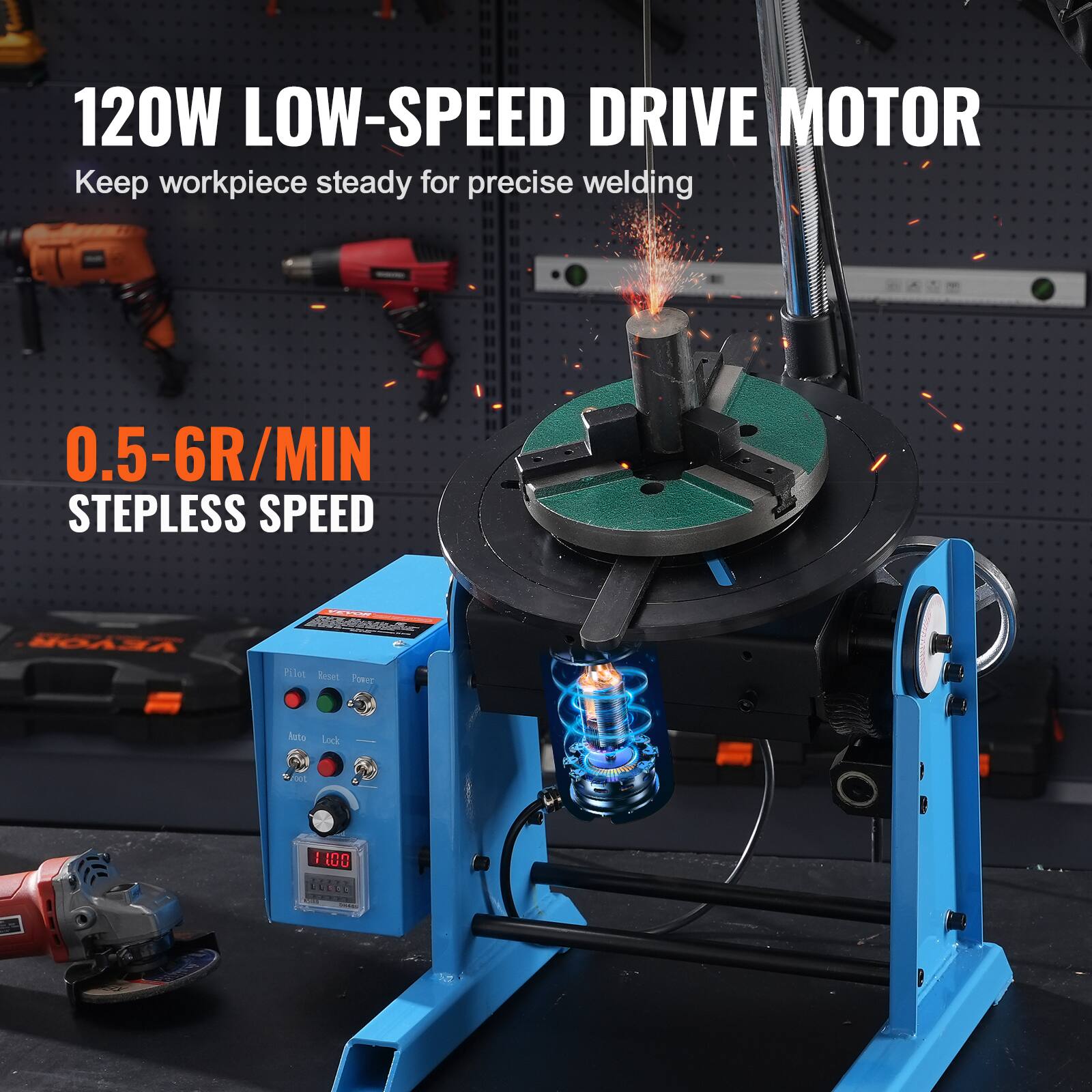 120W LOW-SPEED DRIVE MOTOR  
Keep workpiece steady for precise welding  
0.5-6R/MIN STEPLESS SPEED