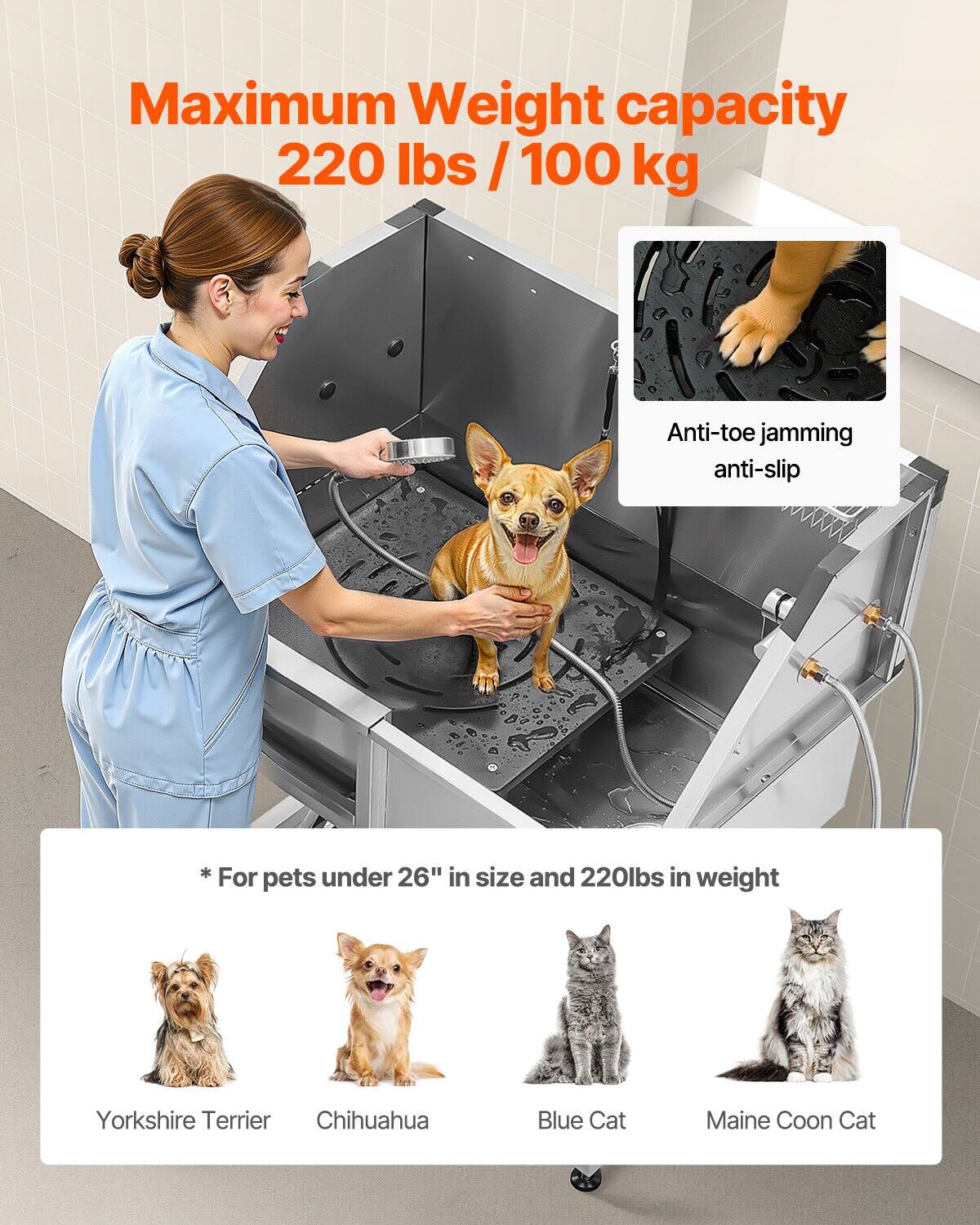 Maximum Weight capacity  
220 lbs / 100 kg  

Anti-toe jamming  
anti-slip  

*For pets under 26" in size and 220lbs in weight  

Yorkshire Terrier  
Chihuahua  
Blue Cat  
Maine Coon Cat