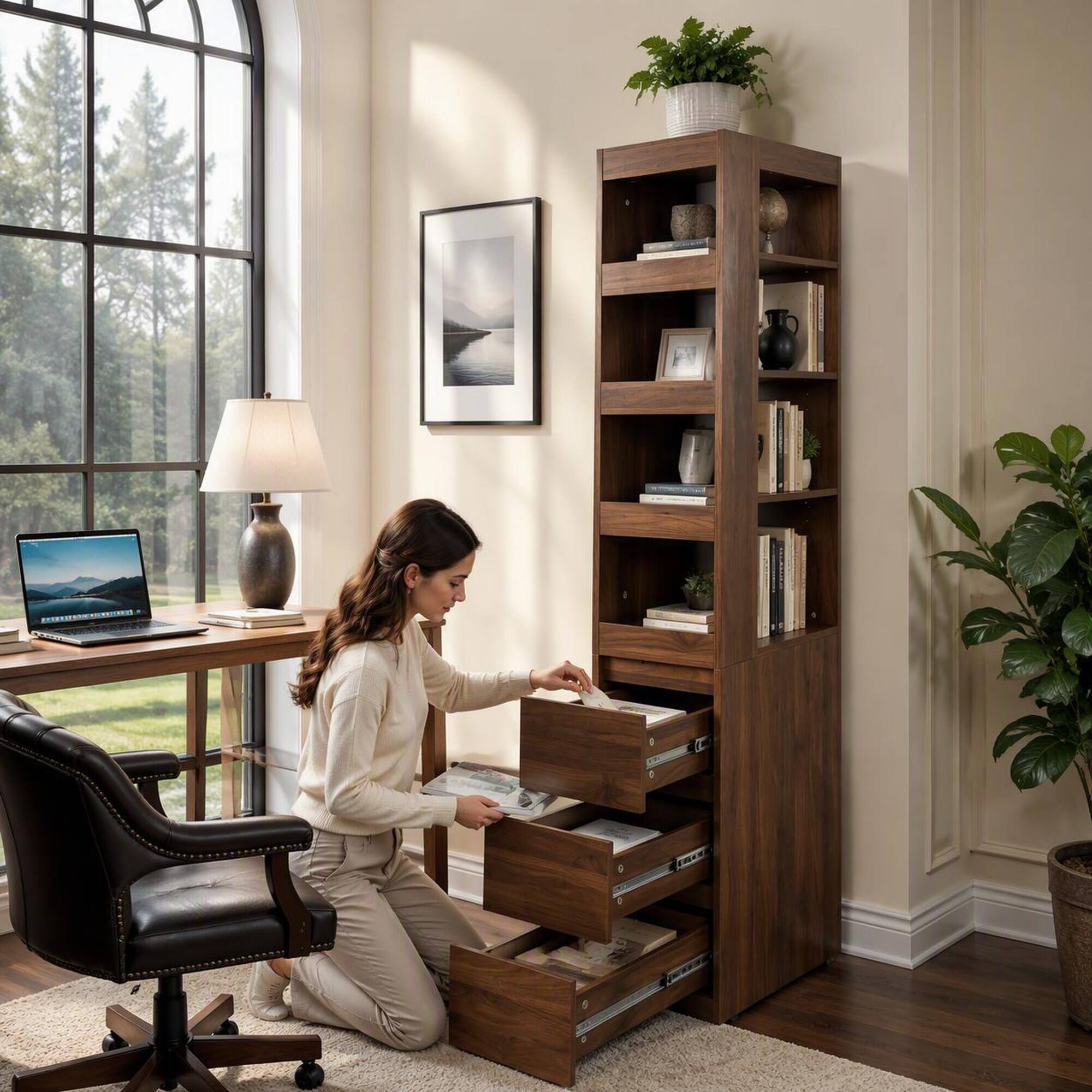 Back. RYHNUYNE - 70.87 in H Display Storage Cabinet with 3 Side Drawers and 4 Shelves Particle Board Tall Bookshelf - brown.