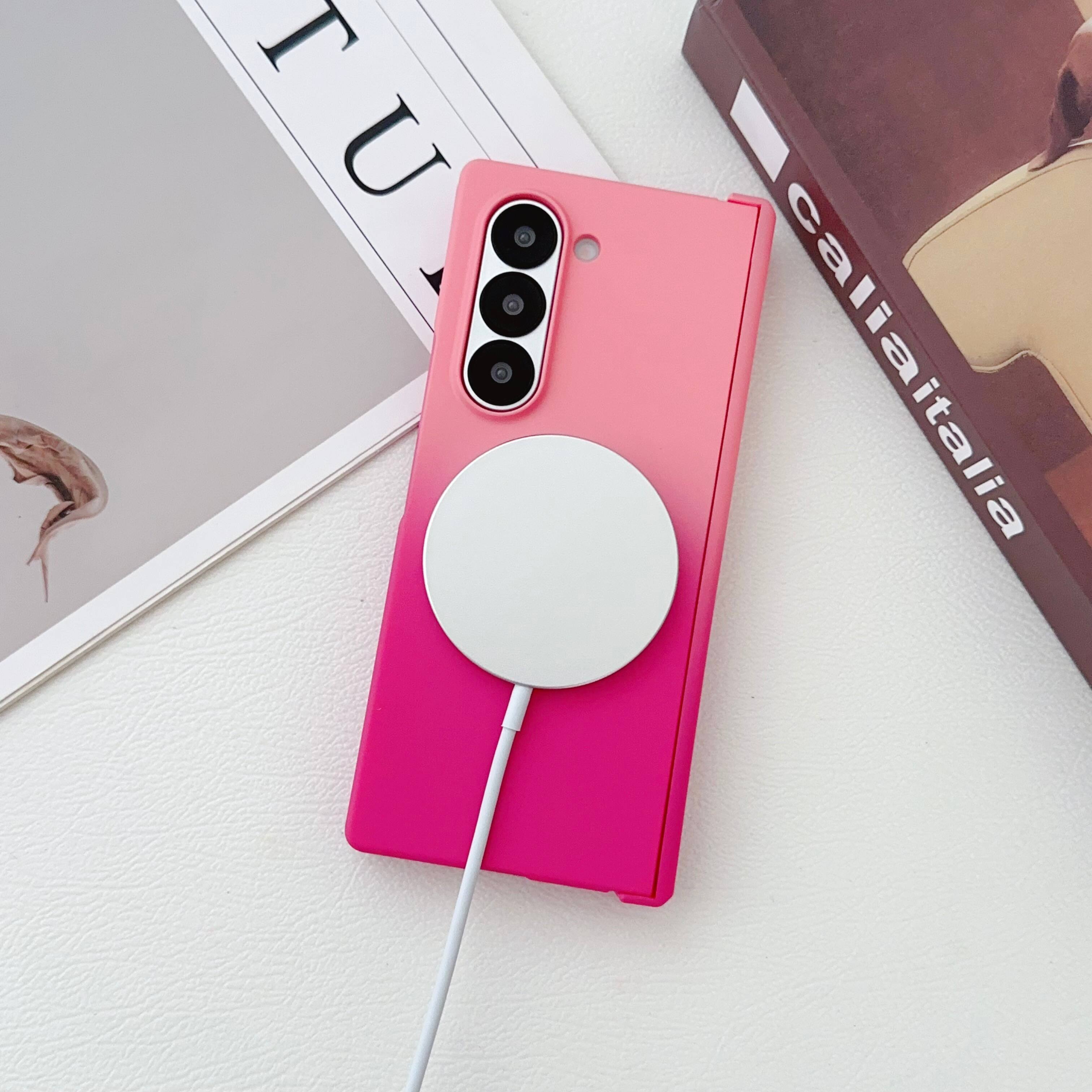 Left. Dteck - for Samsung Galaxy Z Fold8 Ultra Matte Gradient Magnetic Case,Shockproof Slim Hard PC Hinge Cover,Qi Wireless Charg - Pink/Rose.