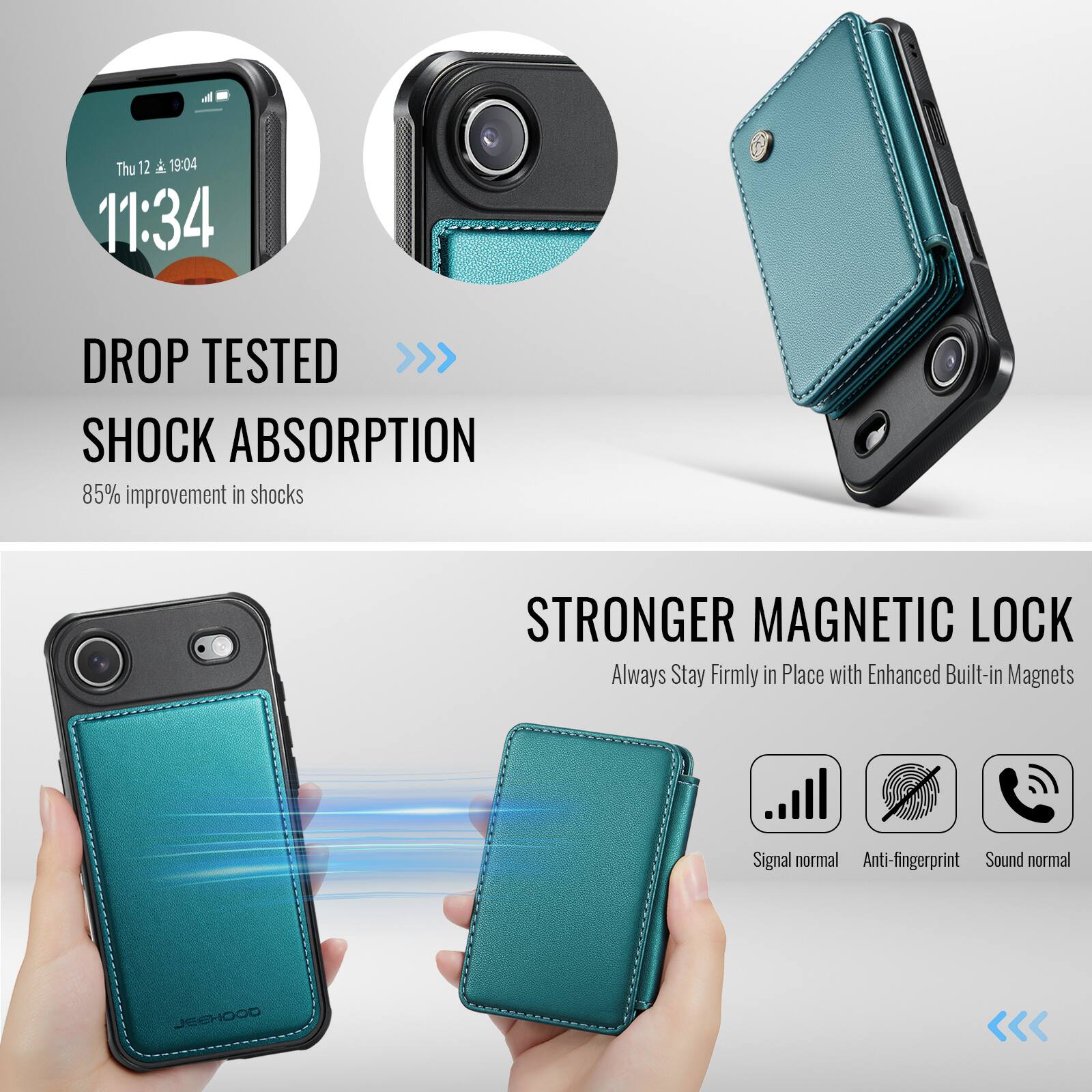 Thu 12 A 19:04 11:34

DROP TESTED >>> SHOCK ABSORPTION  
85% improvement in shocks

STRONGER MAGNETIC LOCK  
Always Stay Firmly in Place with Enhanced Built-in Magnets

Signal normal  
Anti-fingerprint  
Sound normal

JESHOOD