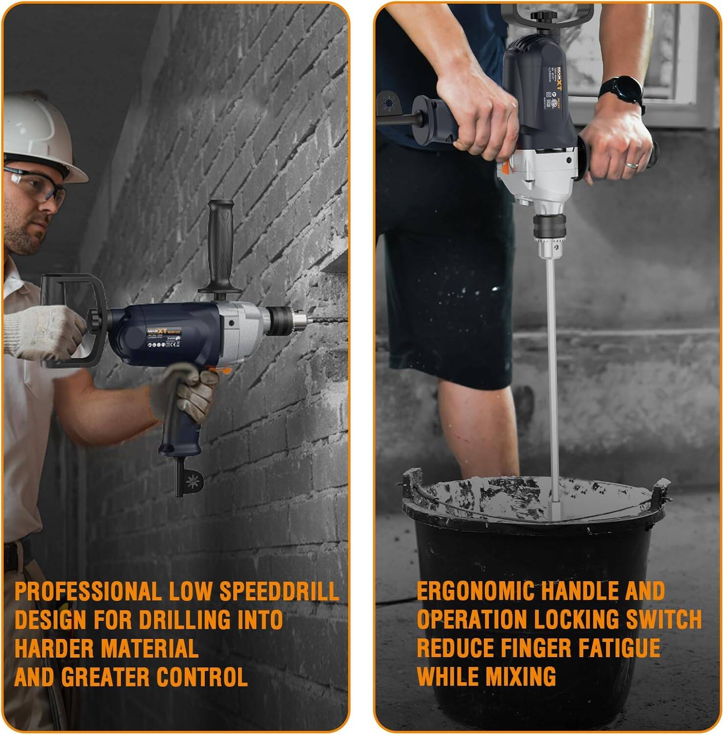 **Professional Low Speed Drill Design for Drilling into Harder Material and Greater Control**

**Ergonomic Handle and Operation Locking Switch Reduce Finger Fatigue While Mixing**