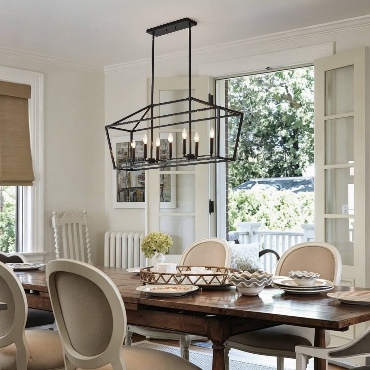 Alt View 1. Loheer - Loheer Farmhouse Kitchen Island Lighting, Matte Black Five Light Linear Chandelier for Dining Room.
