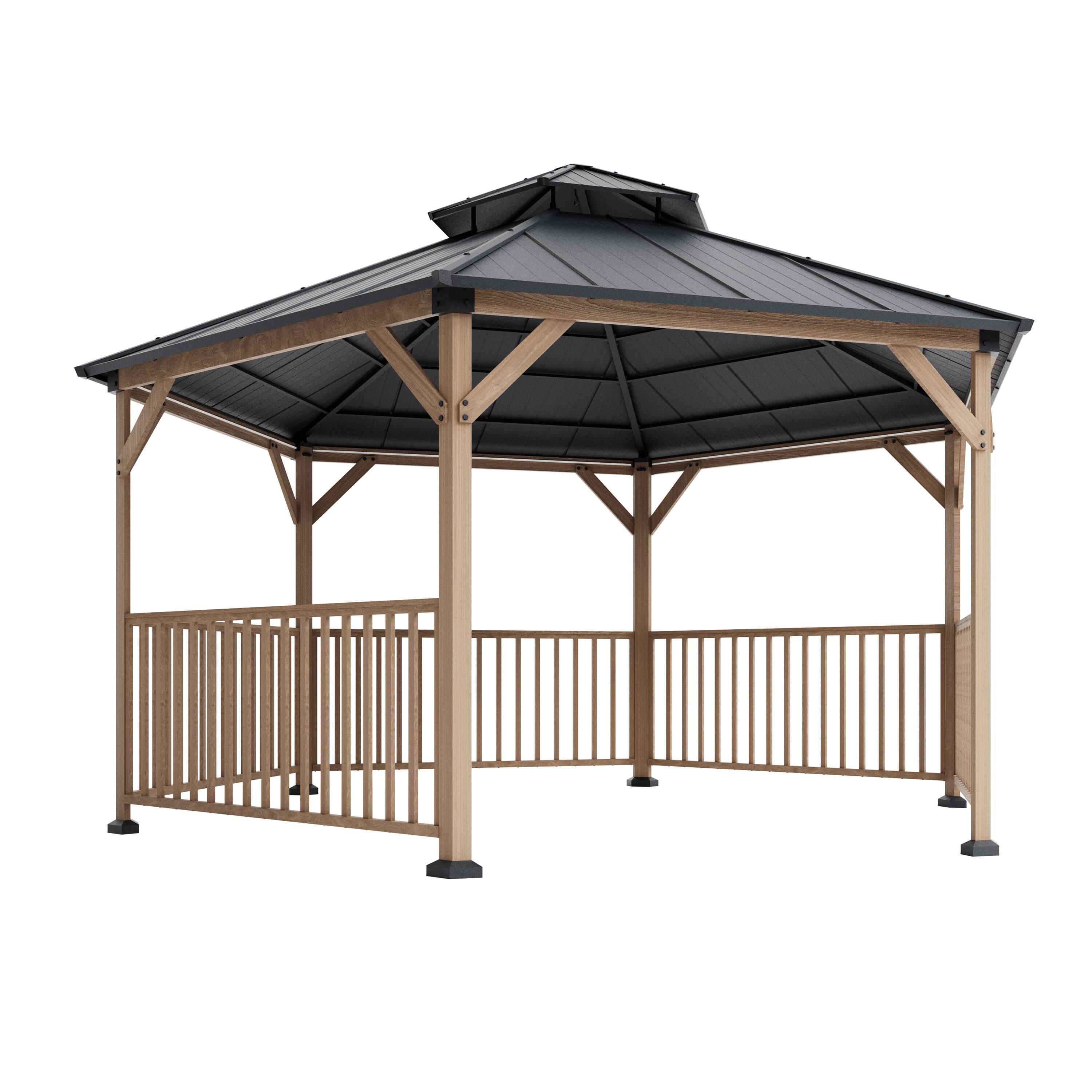 Back. Mondawe - 15Ft Hexagonal Hardtop Gazebo with Solar LED Light and Modular Safety Fence - Gray.