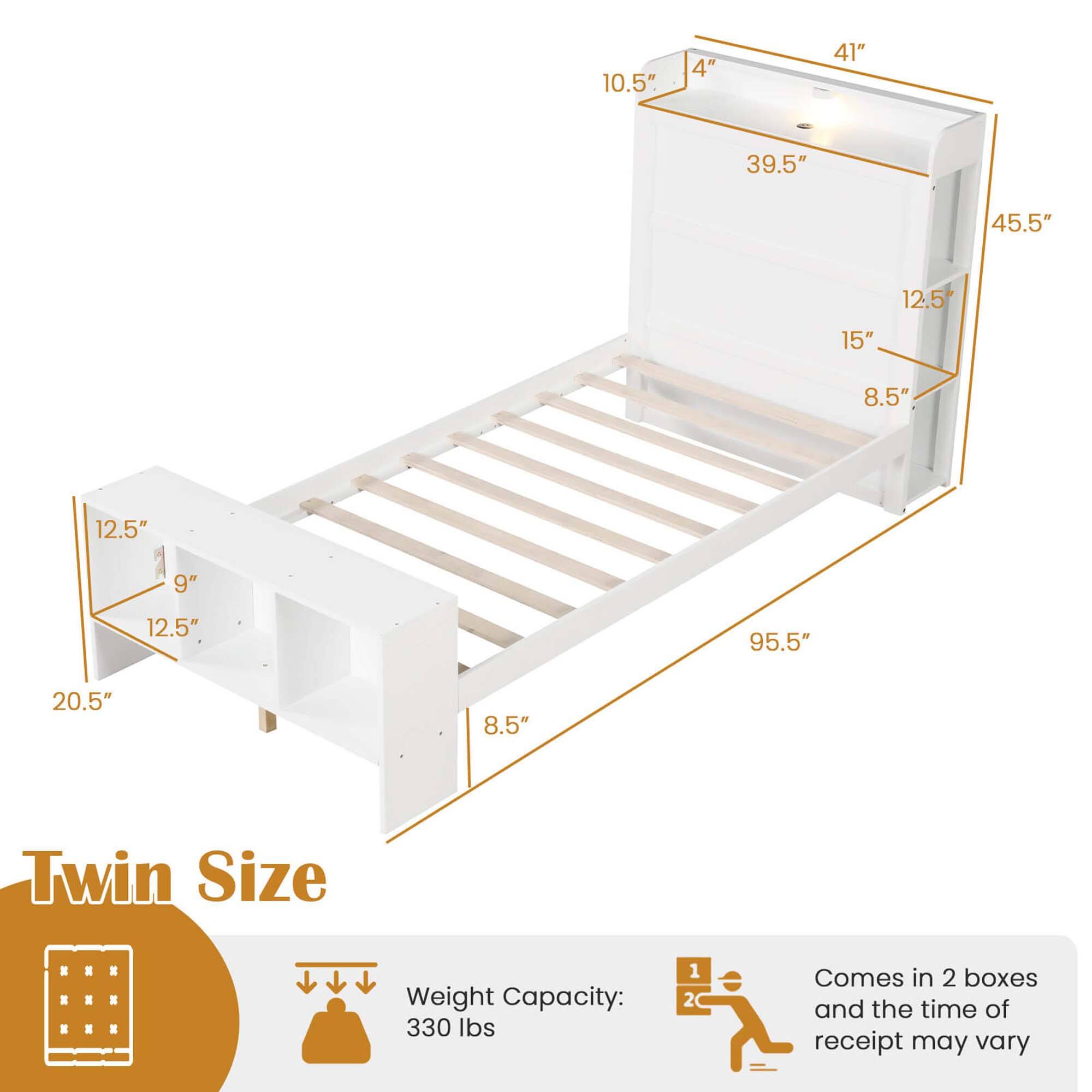 Twin Size: 10.5" x 41" x 39.5" x 45.5"
Weight Capacity: 330 lbs
Comes in 2 boxes and the time of receipt may vary.