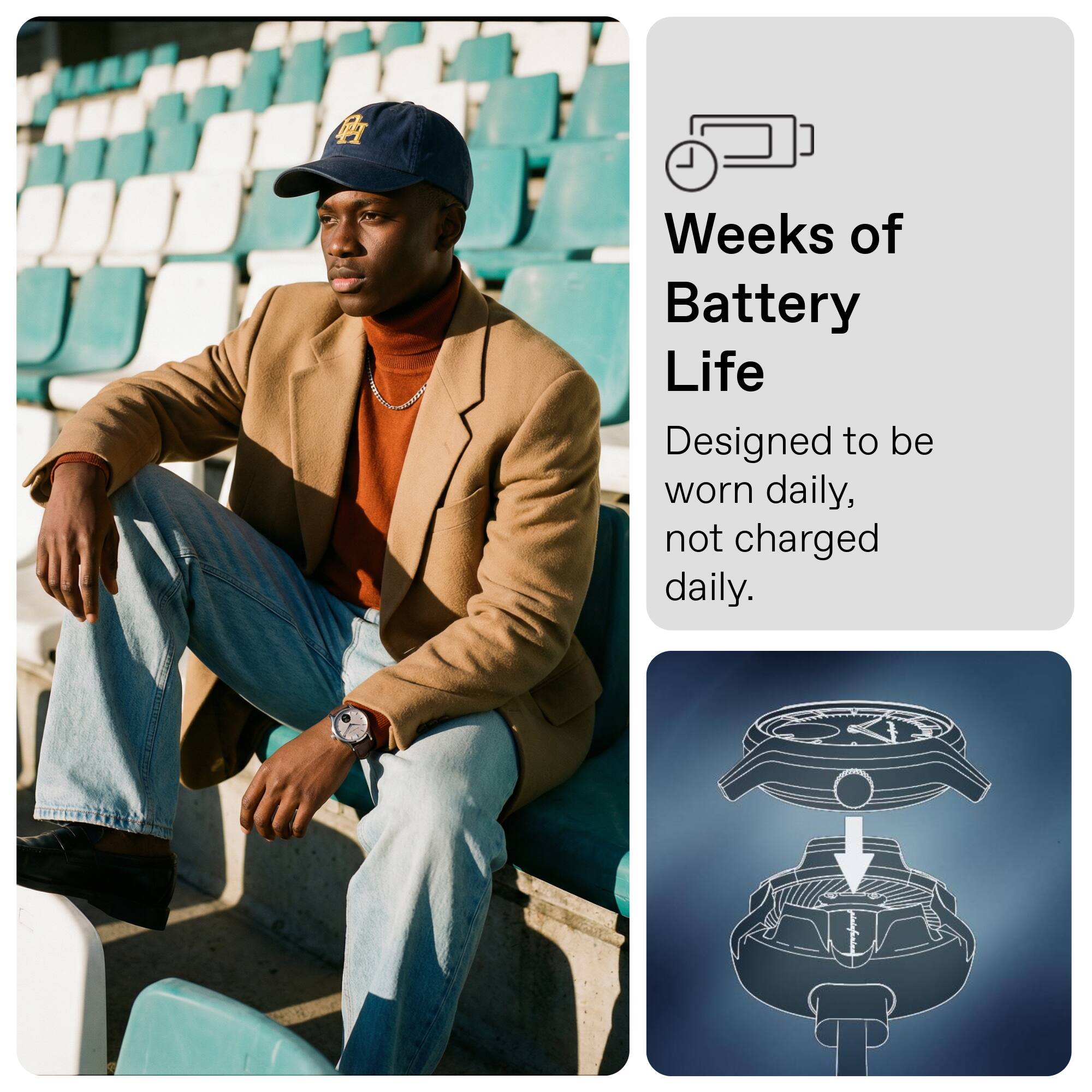 Weeks of Battery Life  
Designed to be worn daily, not charged daily.