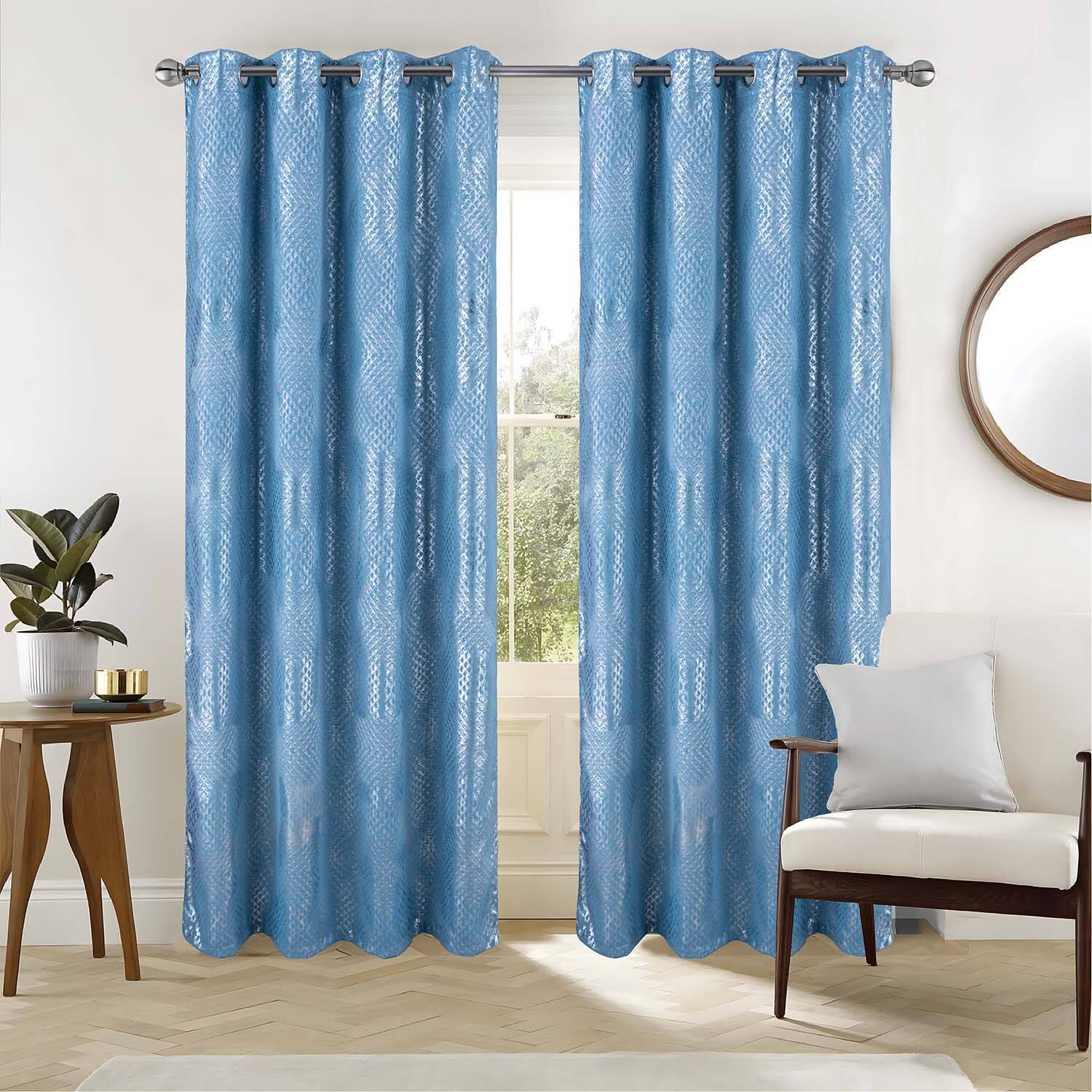 Angle. RT Designers Collection - RT Designer Collection Hailey Halo Foil Blackout Grommet Curtain Panel 52" x 90" Wedgewood - Wedgewood.