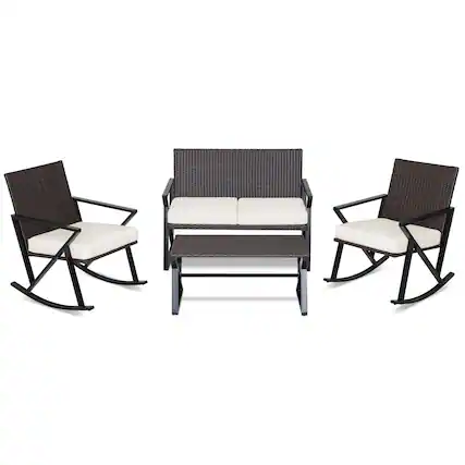 Front. Gymax - Gymax Set of 4 Patio Rattan Wicker Rocking Chairs Loveseat Table Rocker Set Patio - Mix Brown, White.