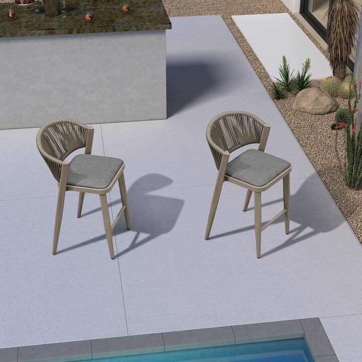 Alt View 1. PURPLE LEAF - Outdoor Bar Stool Set of 2 Rattan Bar Stools with Back Metal Bar Height Stool Outdoor Bar Chair for Garden Kitchen - Grey-Bar Height.
