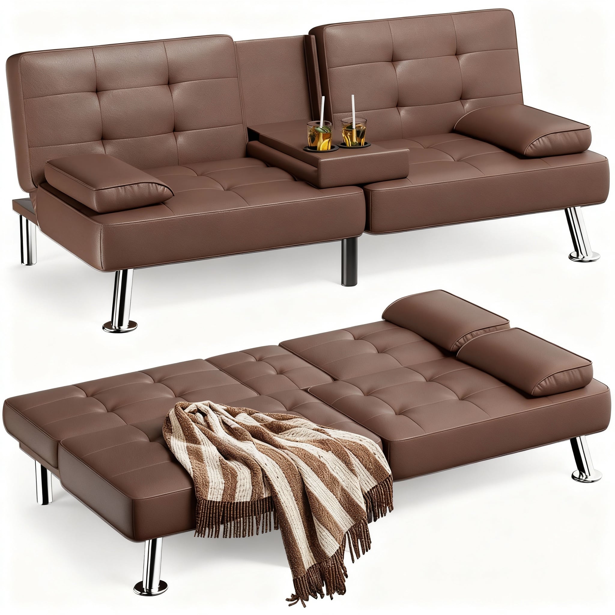 OMOMMD - PU Leather Futon Sofa Bed, 3-Position Recliner, Sleeper with Cup Holders - Brown