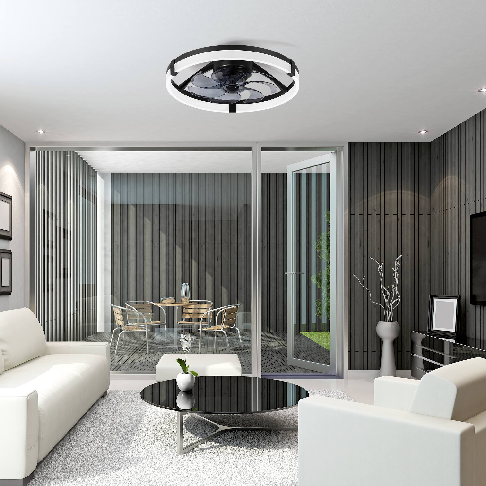 Alt View 9. Breezary - 20-Inch Caged KD Ceiling Fan with LED Light, Remote Control, 6-Speed Quiet DC Motor, Flush Mount Low Profile Design - Matte Black.