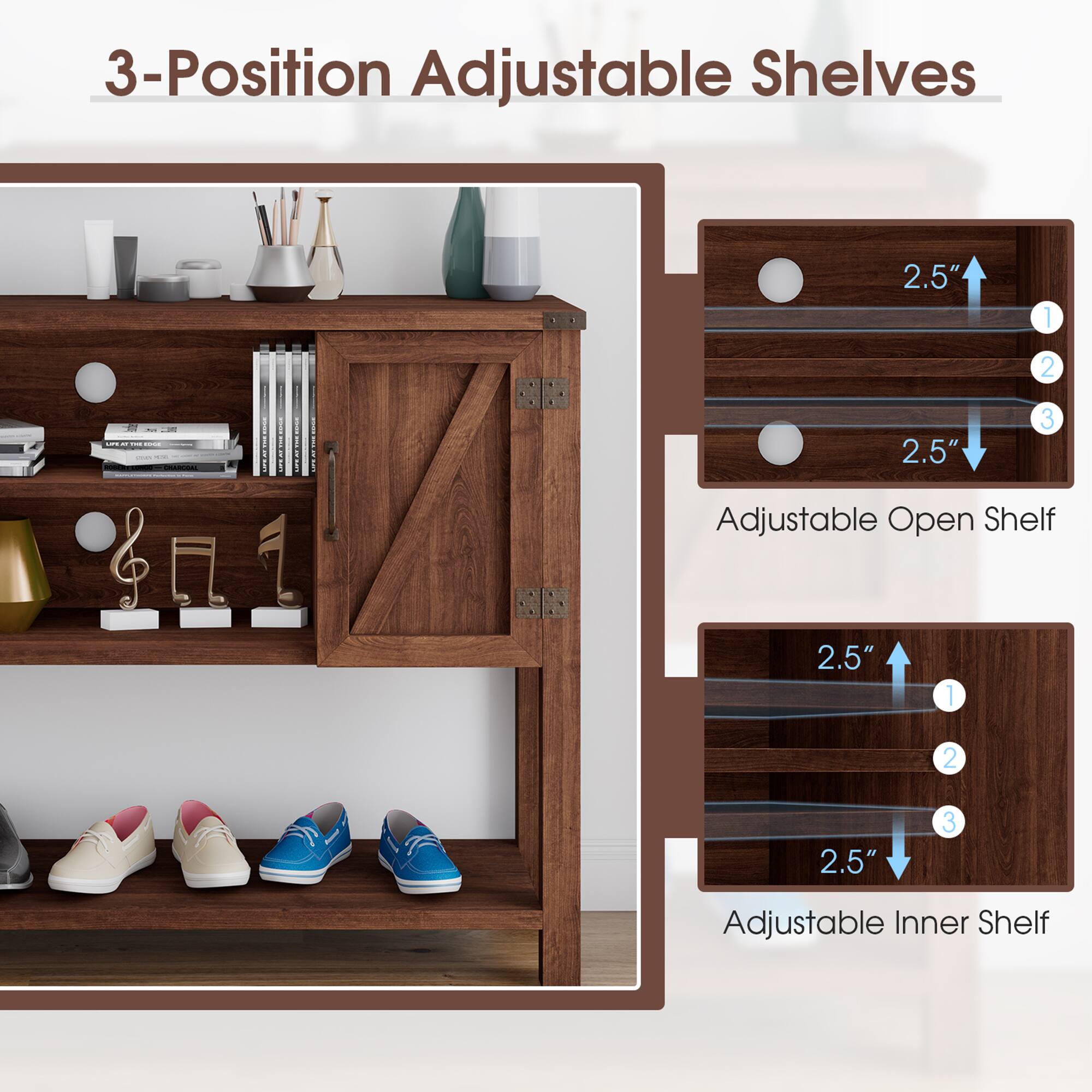3-Position Adjustable Shelves

Adjustable Open Shelf
2.5" 1
2.5" 2
2.5" 3

Adjustable Inner Shelf
2.5" 1
2.5" 2
2.5" 3