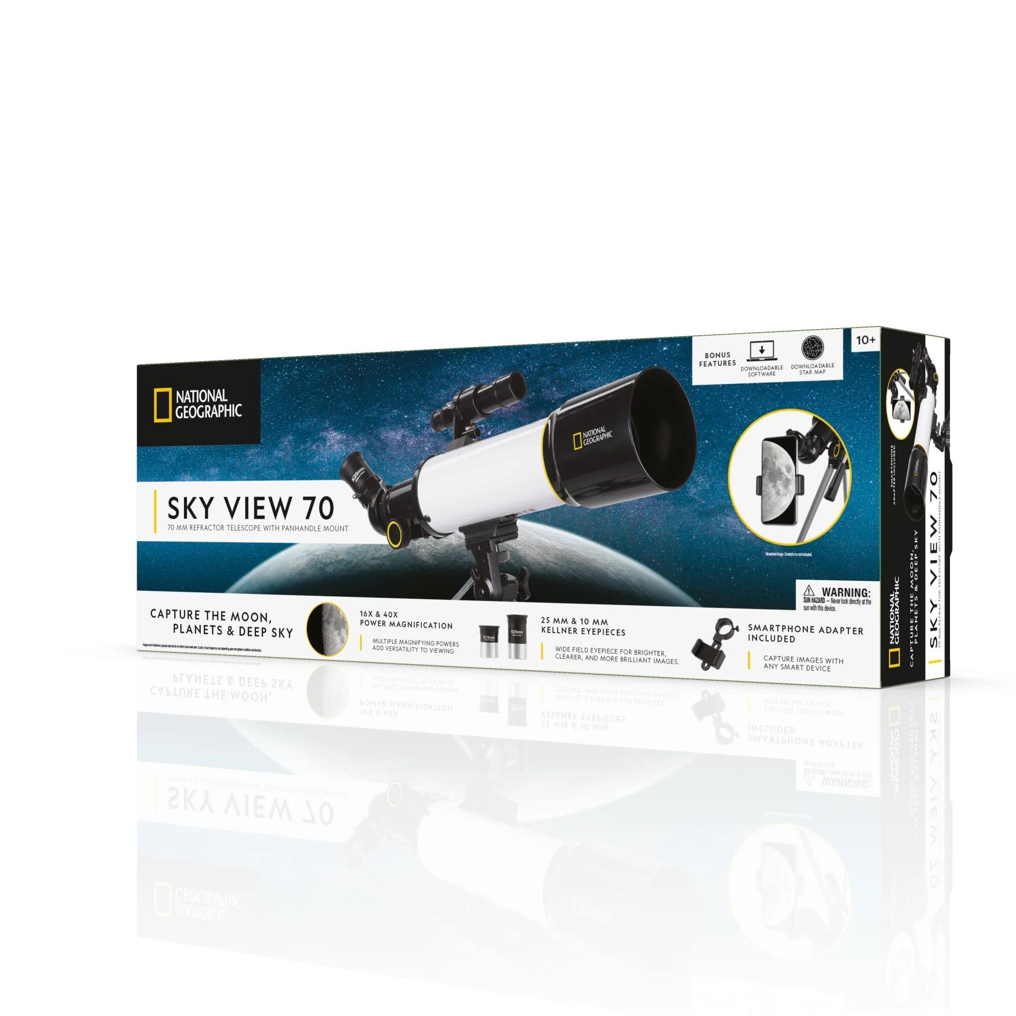 4 SONUS FEATURES  
SONDUM SIANGACARO - a 10+ NATIONAL GEOGRAPHIC Gocc MENS SKY VIEW 70 & -. RFRACTOR TELESCOPE with TANANOLI MOUNT CAPTURE THE MOON, PLANETS & DEEP SKY.  
- 16X 4X POWER MAGNIFICATION  
- 25MM & 10MM KELLNER EYEPIECES  
- WIDE FIELD OF VIEW FOR BROADER, CLEARER AND MORE BRILLIANT IMAGES  
- SMARTPHONE ADAPTER INCLUDED CAPTURE IMAGES WITH ANY SMART DEVICE  

WARNING:  

BONUS FEATURES  
- SOFTWARE  
- STAR MAP  

10+ YEARS WARRANTY