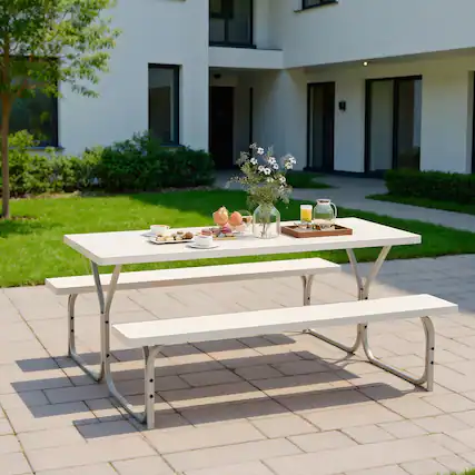 Front. Kadyn - 6 FT Picnic Table Bench Set Dining Table and 2 Benches with Metal Frame and HDPE Tabletop-White for Patio Back Deck - Black.