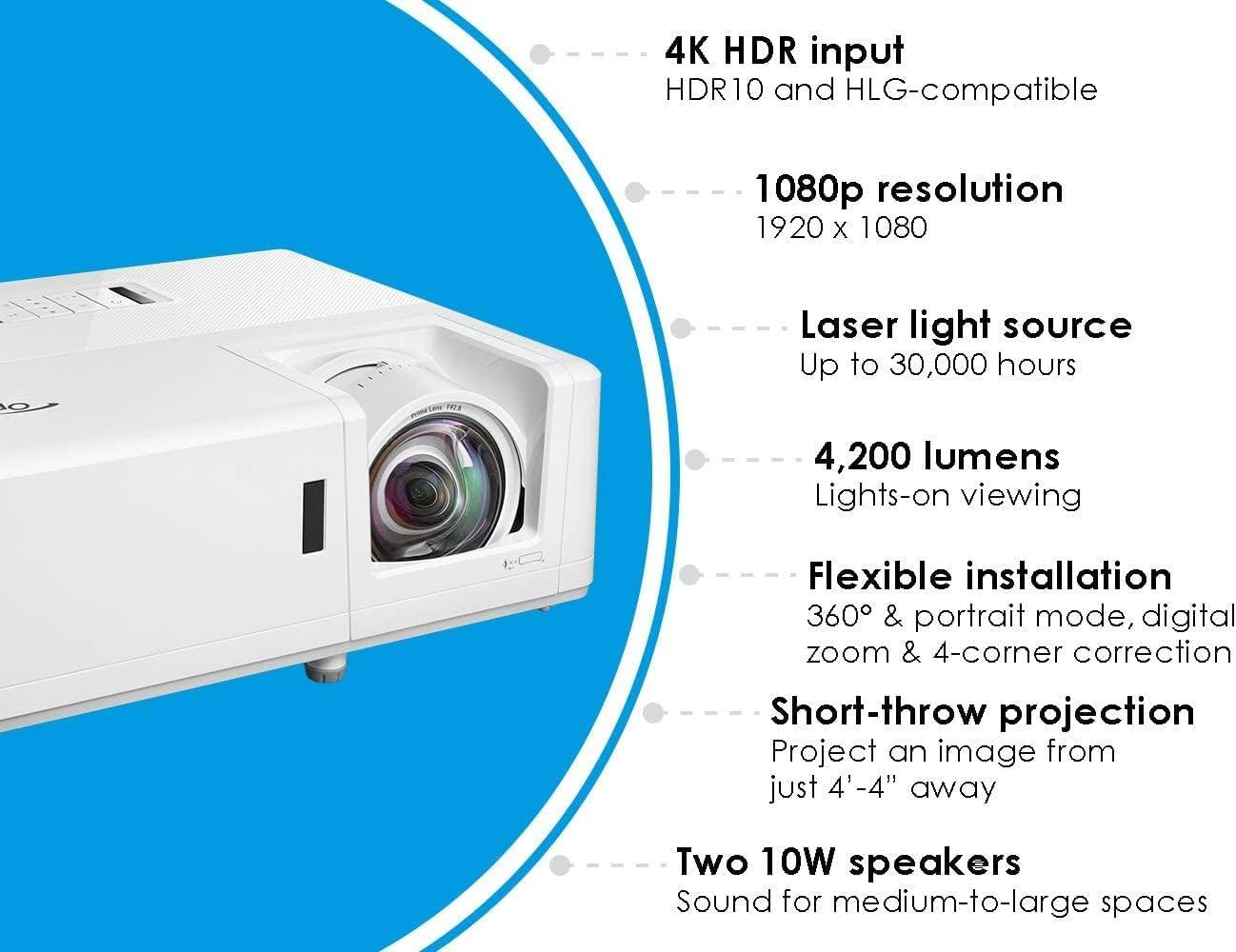 - 4K HDR input  
  HDR10 and HLG-compatible

- 1080p resolution  
  1920 x 1080

- Laser light source  
  Up to 30,000 hours

- 4,200 lumens  
  Lights-on viewing

- Flexible installation  
  360° & portrait mode, digital zoom & 4-corner correction

- Short-throw projection  
  Project an image from just 4'-4" away

- Two 10W speakers  
  Sound for medium-to-large spaces