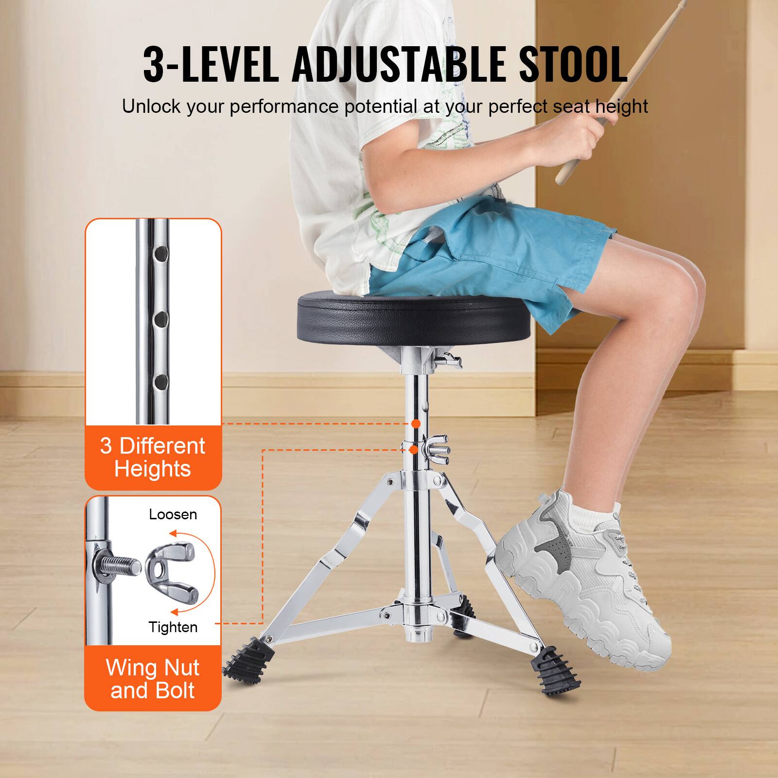3-LEVEL ADJUSTABLE STOOL  
Unlock your performance potential at your perfect seat height  

3 Different Heights  
Loosen Tighten Wing Nut and Bolt