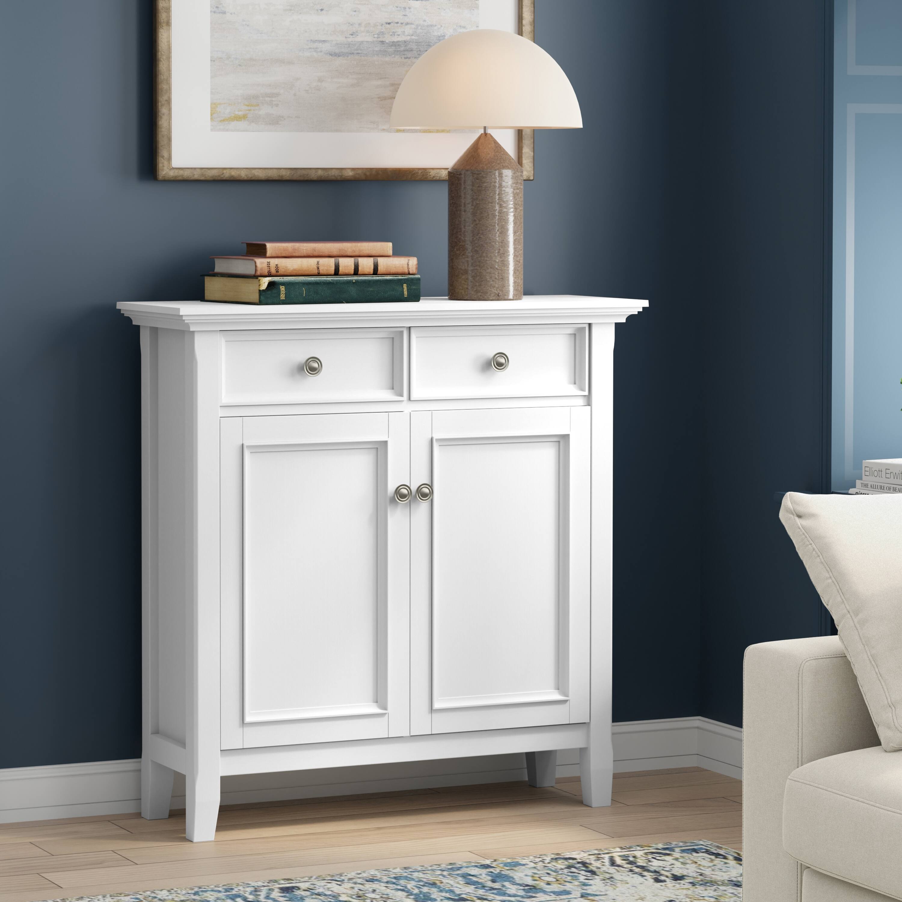 Angle. Simpli Home - Amherst 36 inch Wide Solid Wood Transitional Storage Cabinet in White - White.