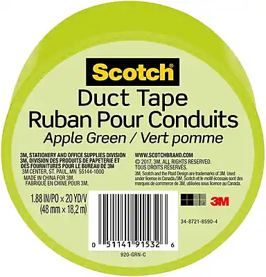 Scotch Duct Tape
Ruban Pour Conduits
Apple Green / Vert pomme
3M, Stationery and Office Supplies Division
WWW.SCOTCHBRAND.COM
3M, Division des produits de papeterie et des fournitures pour le bureau
2017, 3M. All Rights Reserved.
Tous droits réservés.
3M Center, St. Paul, MN 55144-1000
3M Scotch and the Plaid Design are trademarks of 3M. Used under license in Canada.
Scotch et le motif cossacs sont des marques de commerce de 3M utilisées sous licence au Canada.
Made in China for 3M.
Fabriqué en Chine pour 3M.
1.88 IN/PO X 20 YD/V (48 mm X 18.2 m)
3M 34-8721-8590-4
0 51141 91532 920-GRN-C 6
