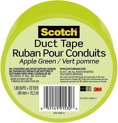 Scotch Duct Tape  
Ruban Pour Conduits  
Apple Green / Vert pomme  

3M, Stationery and Office Supplies Division  
WWW.SCOTCHBRAND.COM  

3M, Division des produits de papeterie et des fournitures pour le bureau  
2017, 3M. All Rights Reserved.  
Tous droits réservés.  

3M Center, St. Paul, MN 55144-1000  

3M Scotch and the Plaid Design are trademarks of 3M. Used under license in Canada.  
Scotch et le motif cossacs sont des marques de commerce de 3M utilisées sous licence au Canada.  

Made in China for 3M.  
Fabriqué en Chine pour 3M.  

1.88 IN/PO X 20 YD/V (48 mm X 18.2 m)  

3M 34-8721-8590-4  
0 51141 91532 920-GRN-C 6