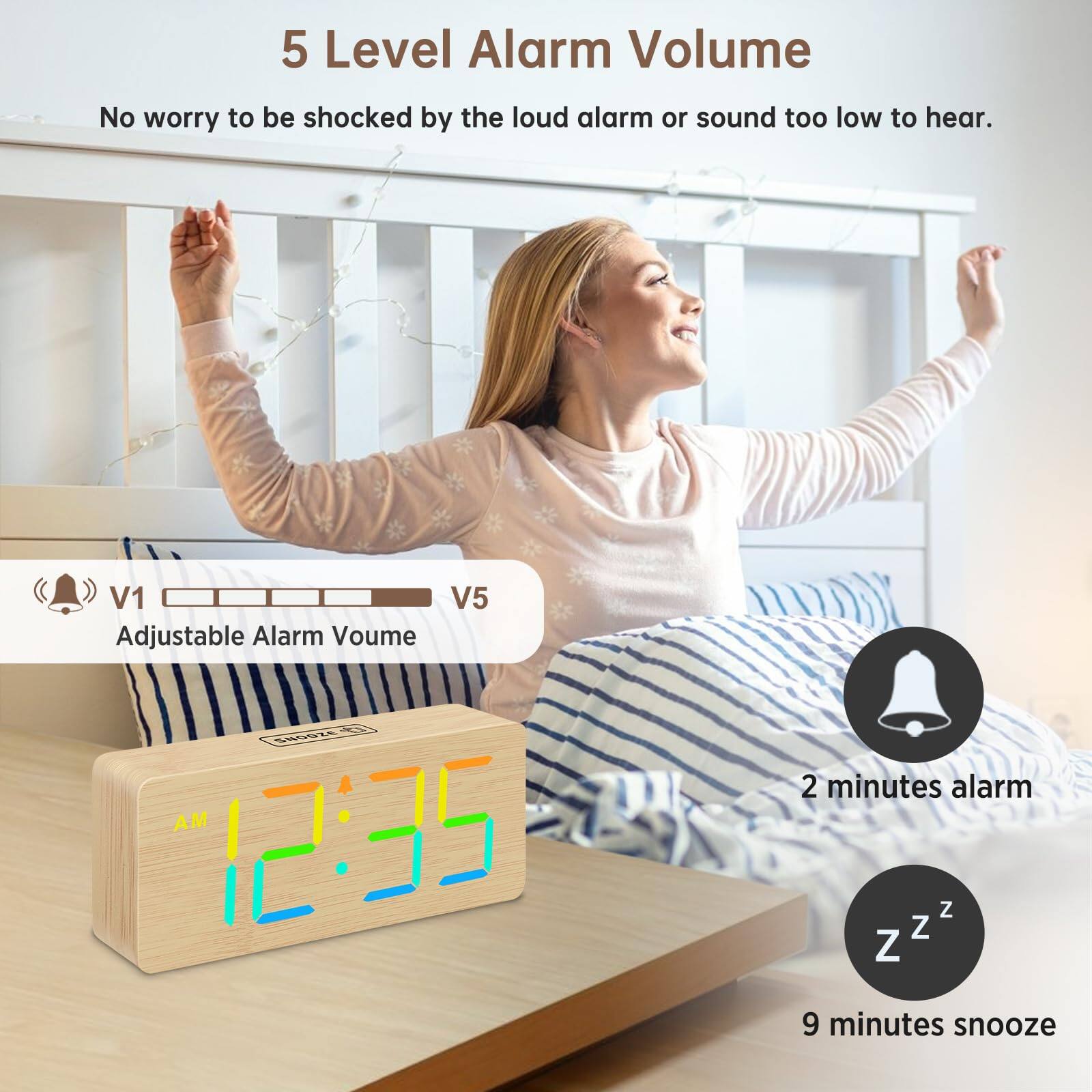 5 Level Alarm Volume  
No worry to be shocked by the loud alarm or sound too low to hear.  

V1 V5 Adjustable Alarm Volume  

2 minutes alarm  
9 minutes snooze