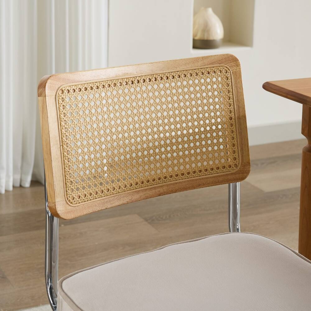 Alt View 4. Loheer - Loheer Mid Century Modern Dining Chairs Set of 2 Beige Velvet Accent Chairs Rattan Back Cantilever Chrome Base - Beige.