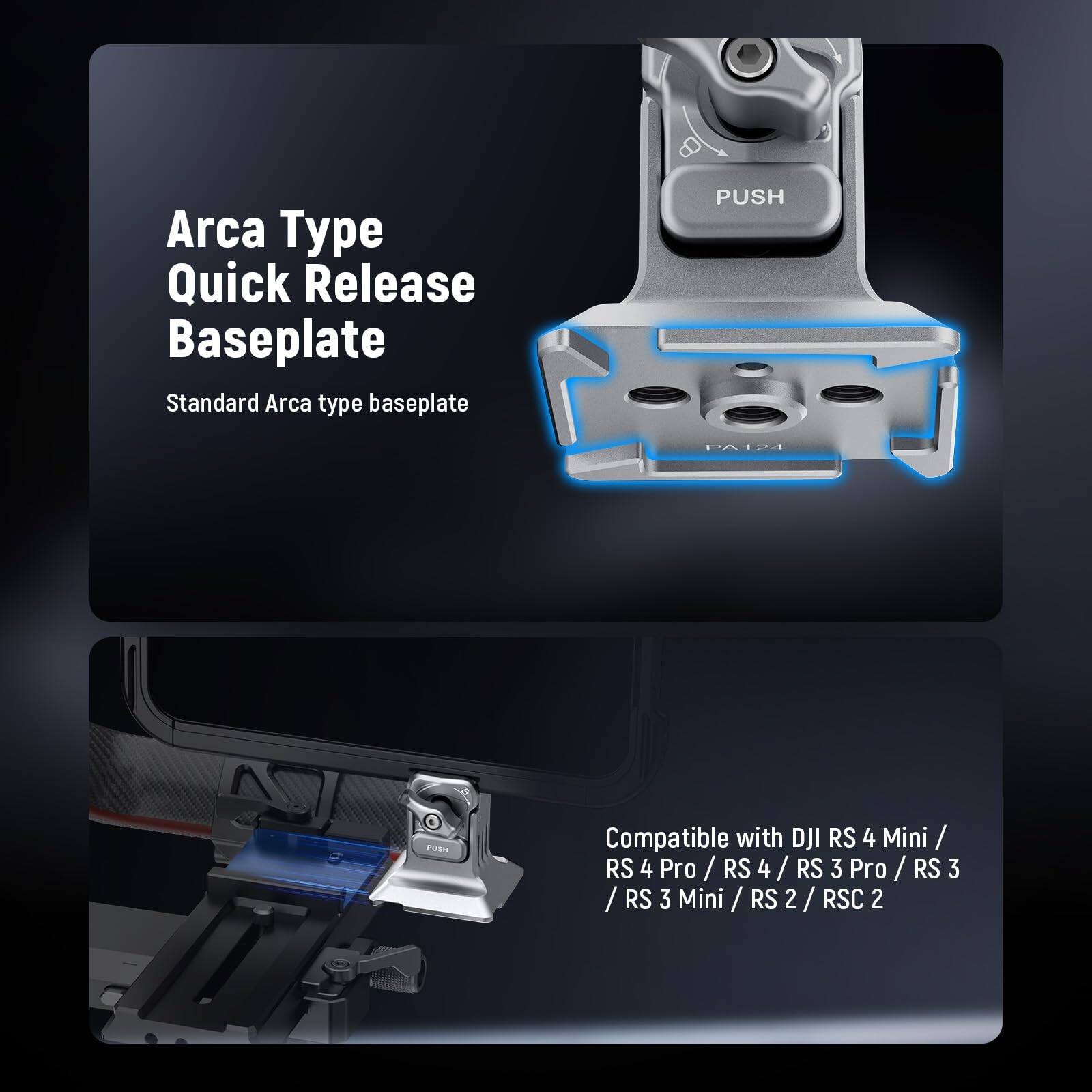 Arca Type Quick Release Baseplate  
Standard Arca type baseplate  

Compatible with DJI RS 4 Mini / RS 4 Pro / RS 4 / RS 3 Pro / RS 3 / RS 3 Mini / RS 2 / RSC 2