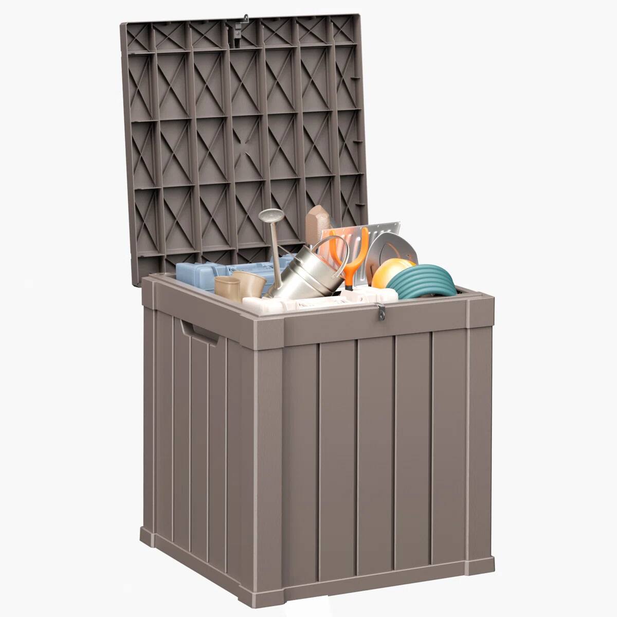 Angle. Chic Crate - 50-Gal Plastic Deck Box - Brown.