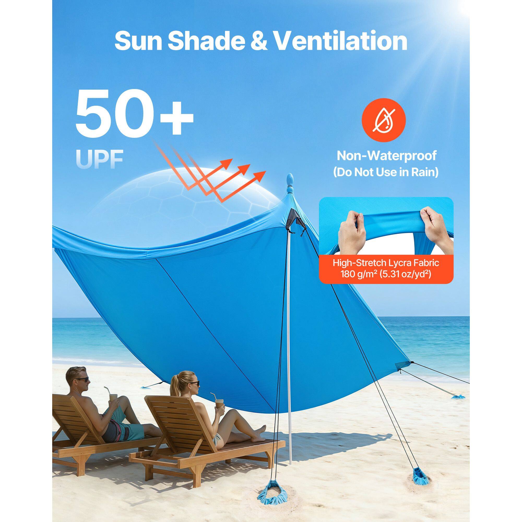 Sun Shade & Ventilation  
50+ UPF  
Non-Waterproof (Do Not Use in Rain)  
High-Stretch Lycra Fabric  
180 g/m² (5.31 oz/yd²)