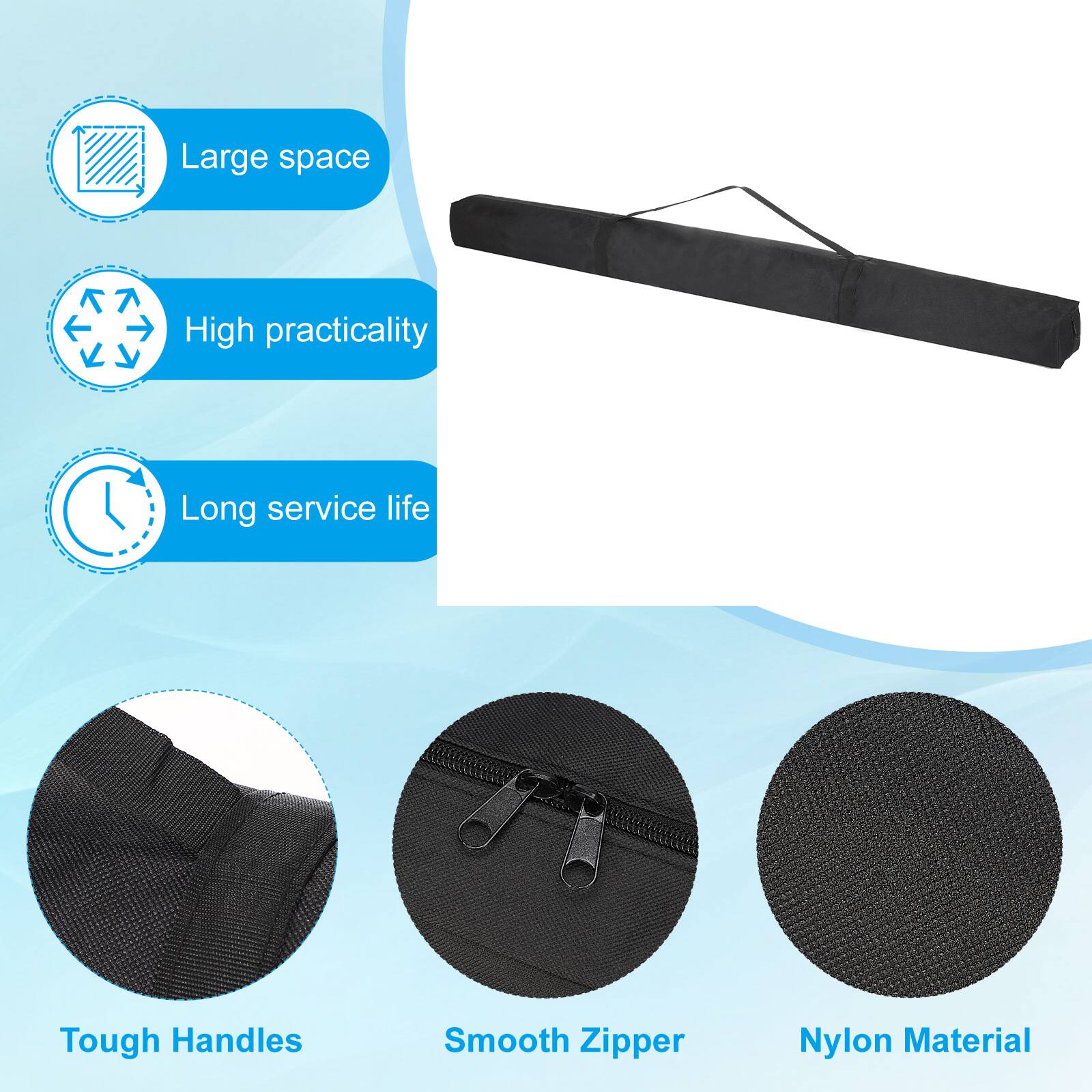 - Large space
- High practicality
- Long service life
- Tough Handles
- Smooth Zipper
- Nylon Material