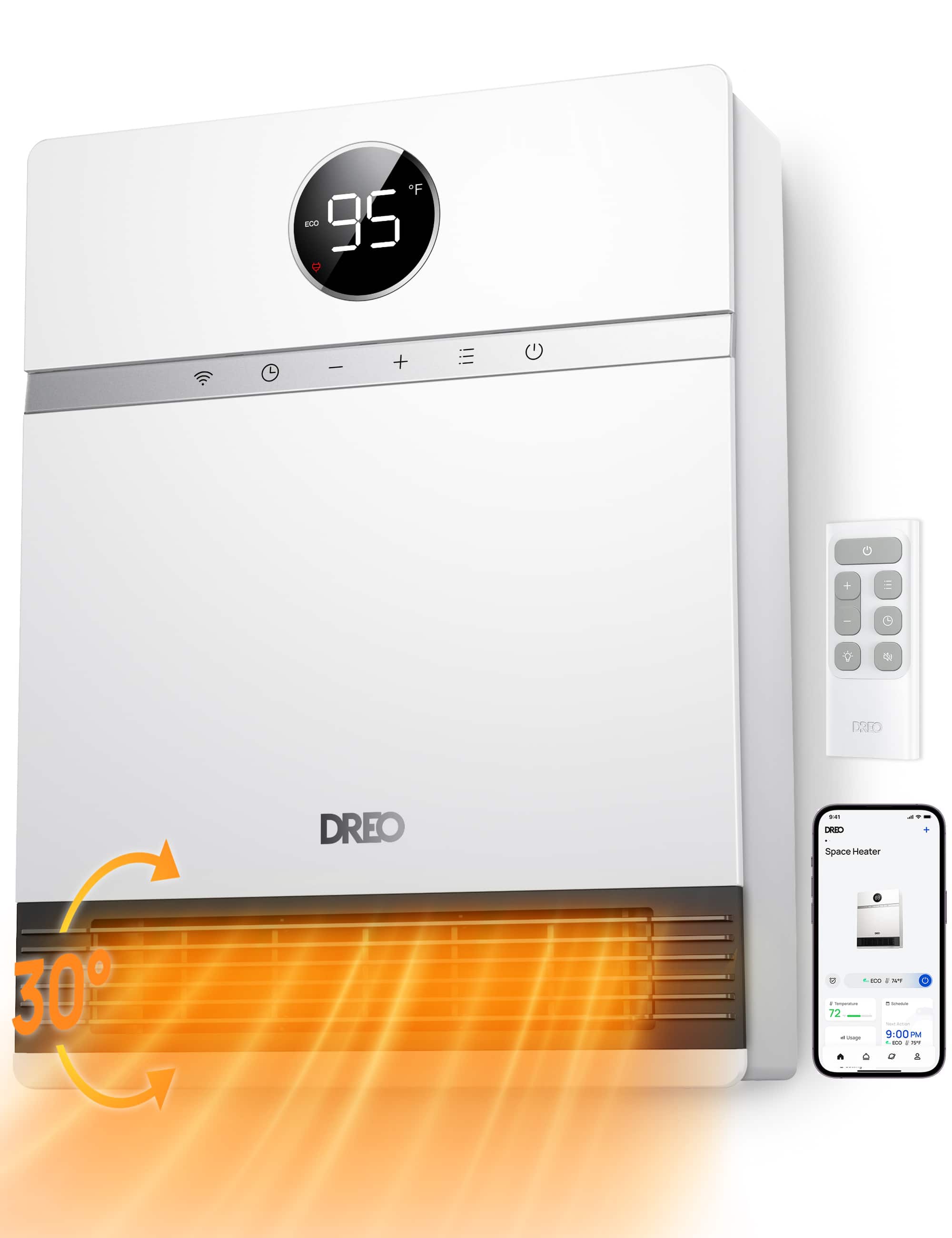 DREO - 1500W Smart Wall Mount Ceramic Heater, Furnace, w/Remote 30° Oscillation, Adj Thermostat, for Bedroom, Office in White