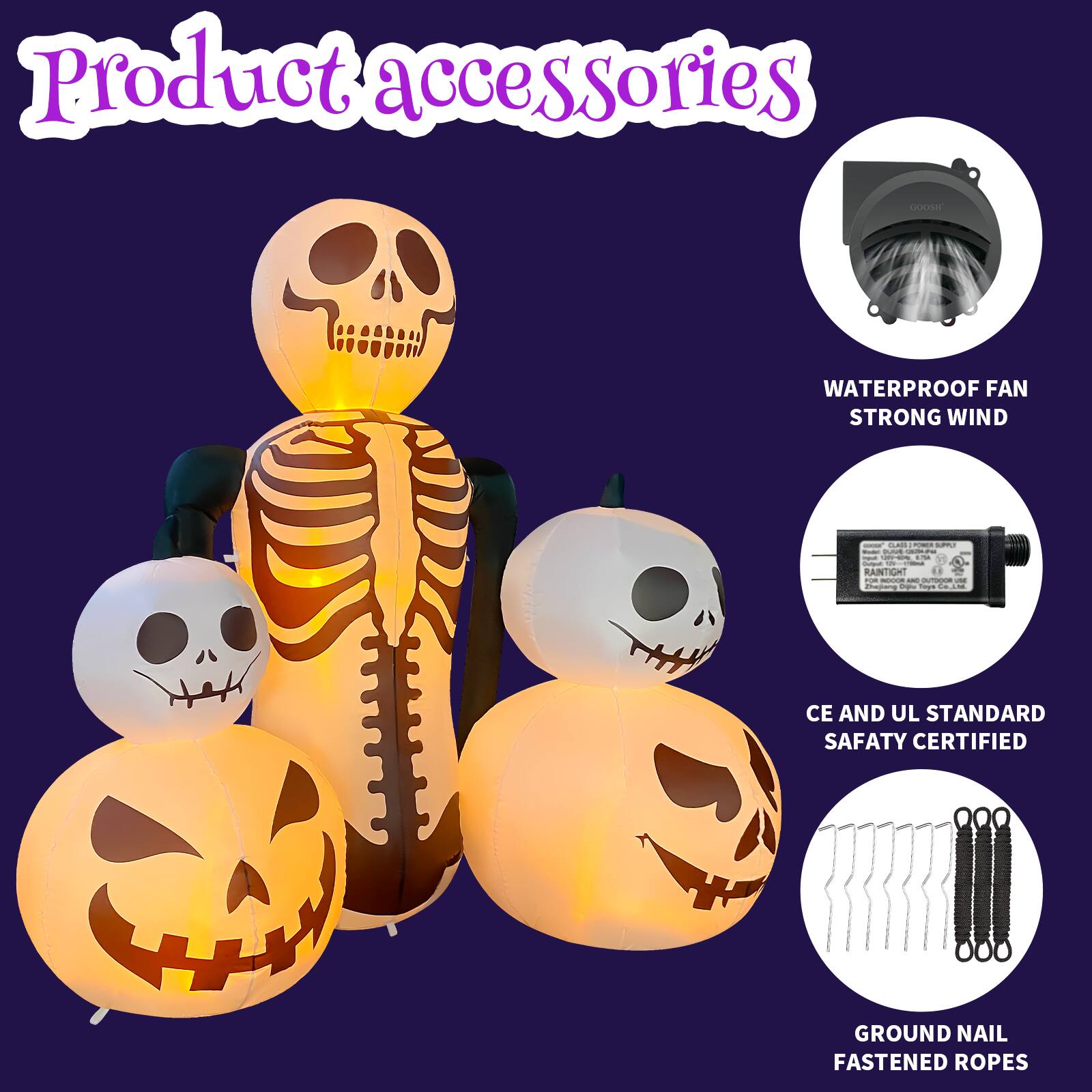 Product accessories

- WATERPROOF FAN STRONG WIND
- CE AND UL STANDARD SAFETY CERTIFIED
- GROUND NAIL FASTENED ROPES