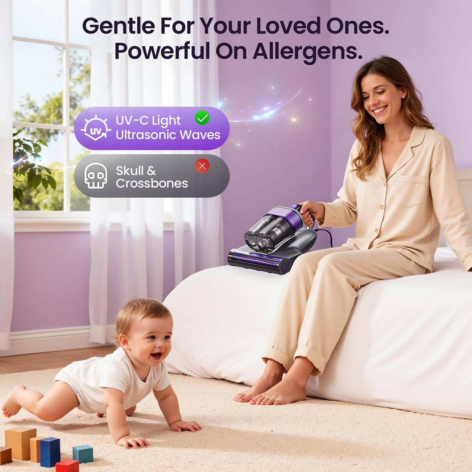 Gentle For Your Loved Ones. Powerful On Allergens.

- UV-C Light
- Ultrasonic Waves

Skull & Crossbones