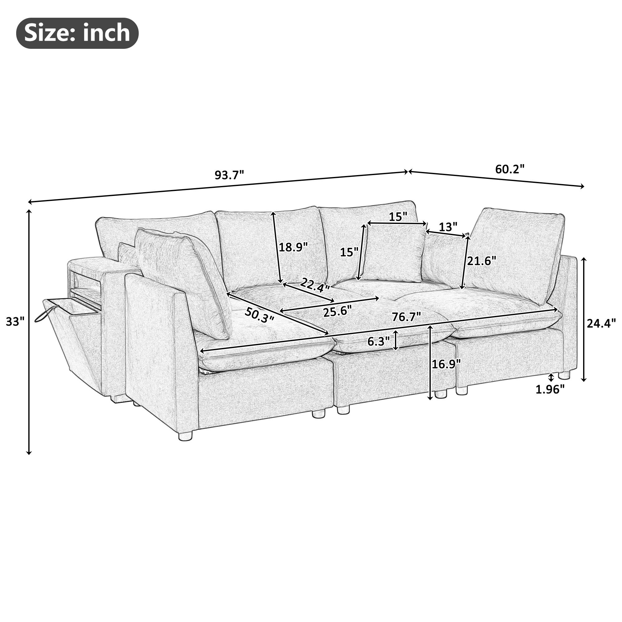 Size: inch  
93.7" 60.2" 33" 15" 18.9" 15" 22.4" 50.3" 25.6" 76.7" 6.3" 13" 21.6" 24.4" 16.9" 1.96"