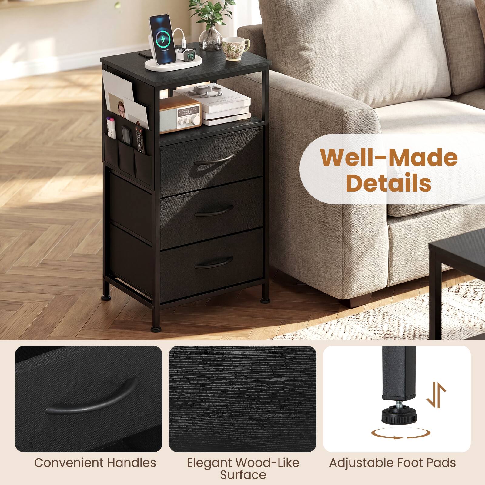 34 Well-Made Details  
1L Convenient Handles  
Elegant Wood-Like Surface  
Adjustable Foot Pads