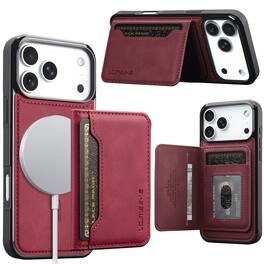 Dteck - RFID Blocking Magnetic 2 in 1 Wallet Phone Case for Apple iPhone 18 Pro Max, Slim Detachable Card Holder Kickstand Cover - Red
