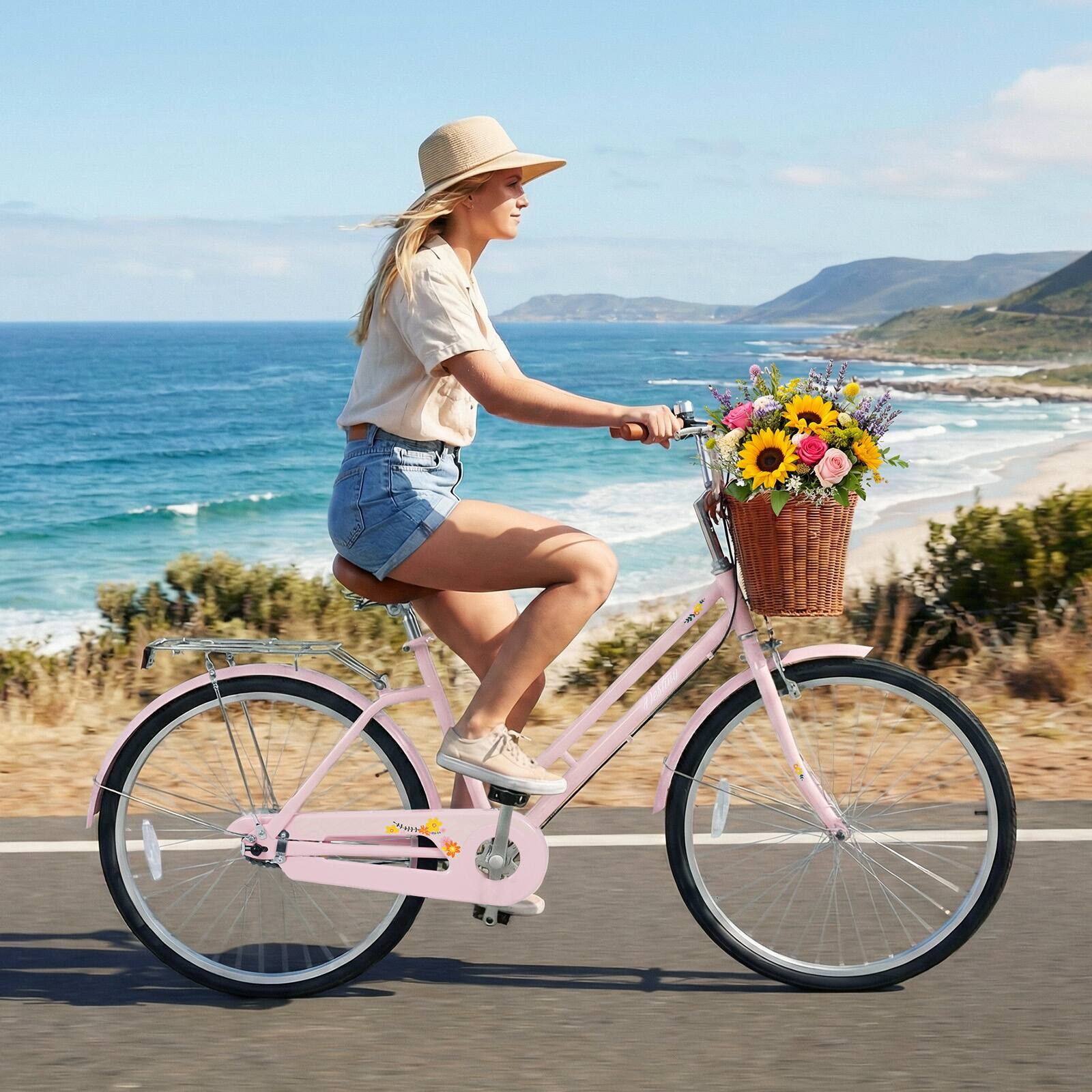 Alt View 1. Costway - Costway 24-Inch Beach Cruiser Bike with Adjustable Seat, Woven Basket & Rear Rack for City - Pink.
