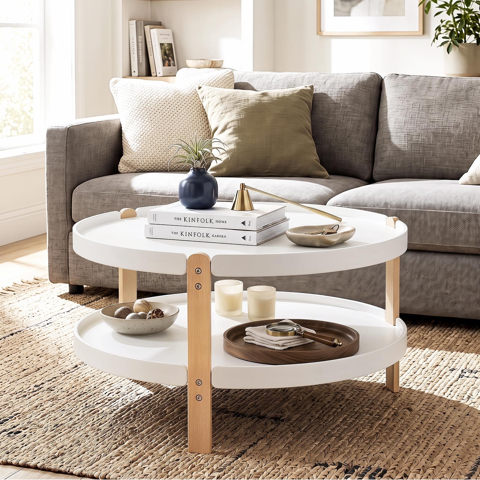 Costway - 2-Tier Round Coffee Table with Open Storage Shelf, Solid Beech Wood Legs for Home - White & Natural
