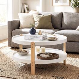 Costway - 2-Tier Round Coffee Table with Open Storage Shelf, Solid Beech Wood Legs for Home - White & Natural