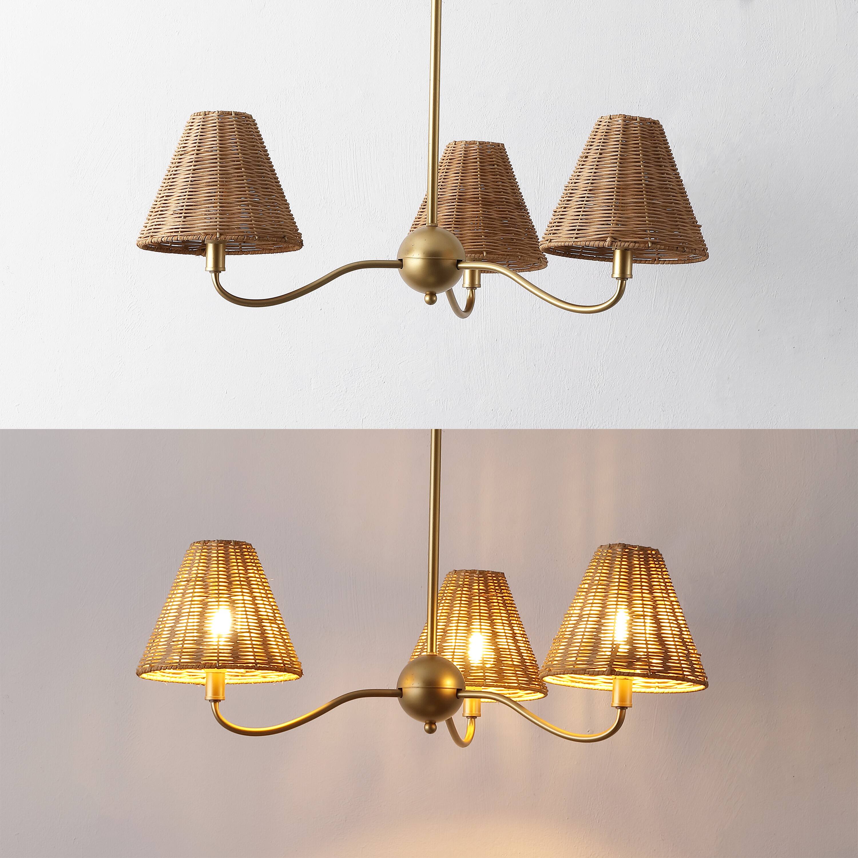 Alt View 3. Jonathan Y - Grady 27" 3-Light Adjustable Swooping Arm Metal with Hand-Woven Rattan Shades LED Chandelier, Gold Painting/Brown - Gold Painting.