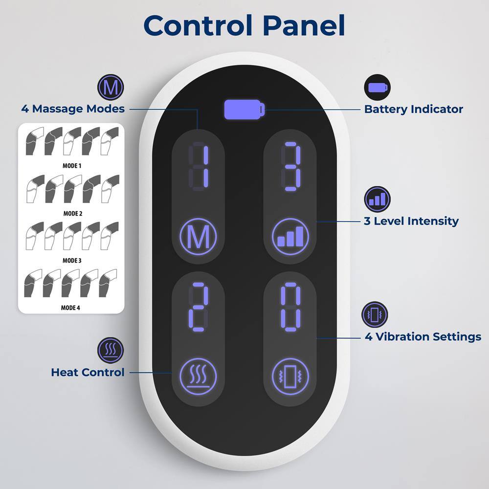 Control Panel

- 4 Massage Modes
- Battery Indicator
- 3 Level Intensity
- 4 Vibration Settings
- Heat Control
