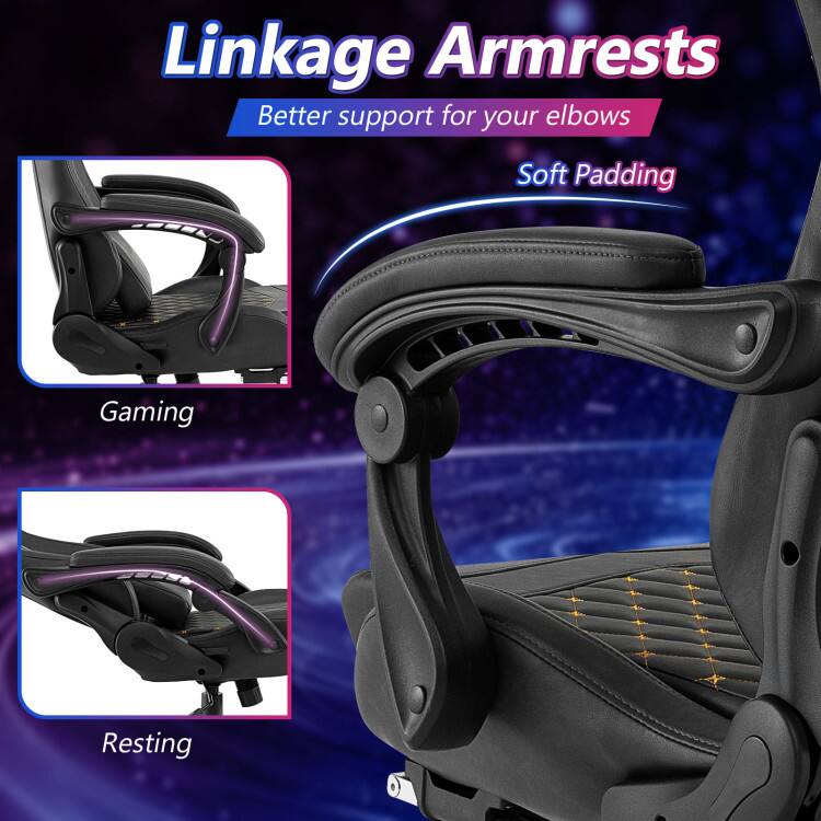 Linkage Armrests  
Better support for your elbows  
Soft Padding  

Gaming  
Resting