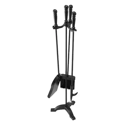 Front. VEVOR - Fireplace Tool Set, 4 PCS Fire Tool Set and Holder with Three-Prong Stand, Ash Shovel, Brush, Fire Place Poker - Black.